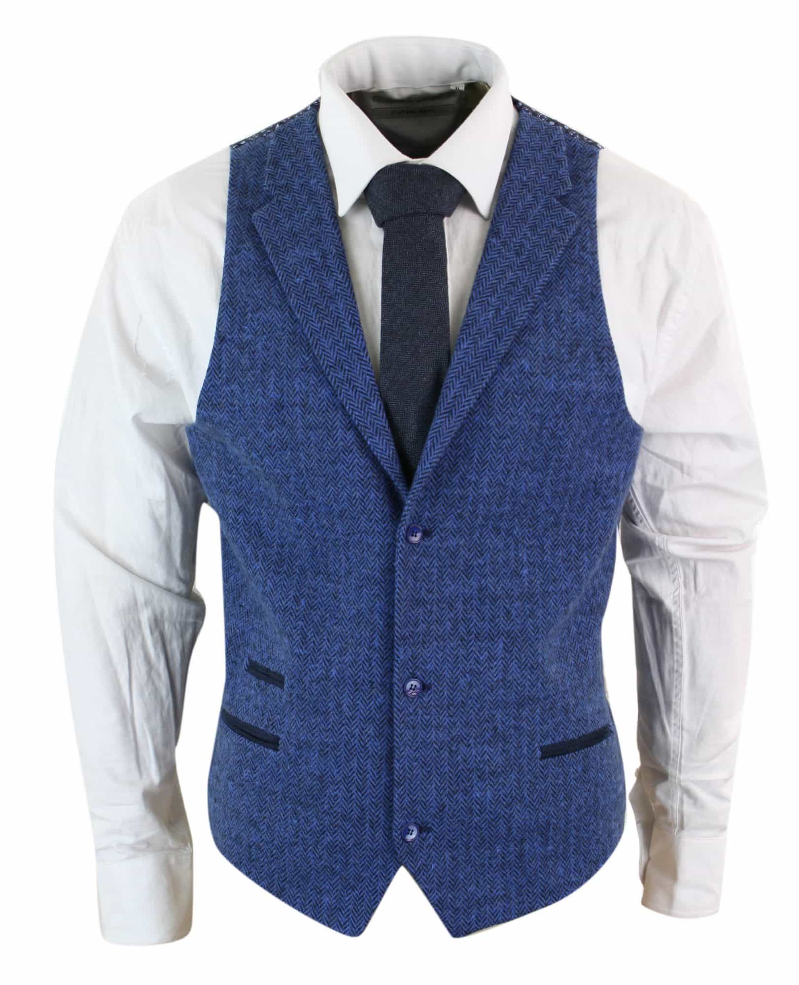 Mens Blue Waistcoat Tweed Herringbone Wool 1920s Vintage Vintage Retro