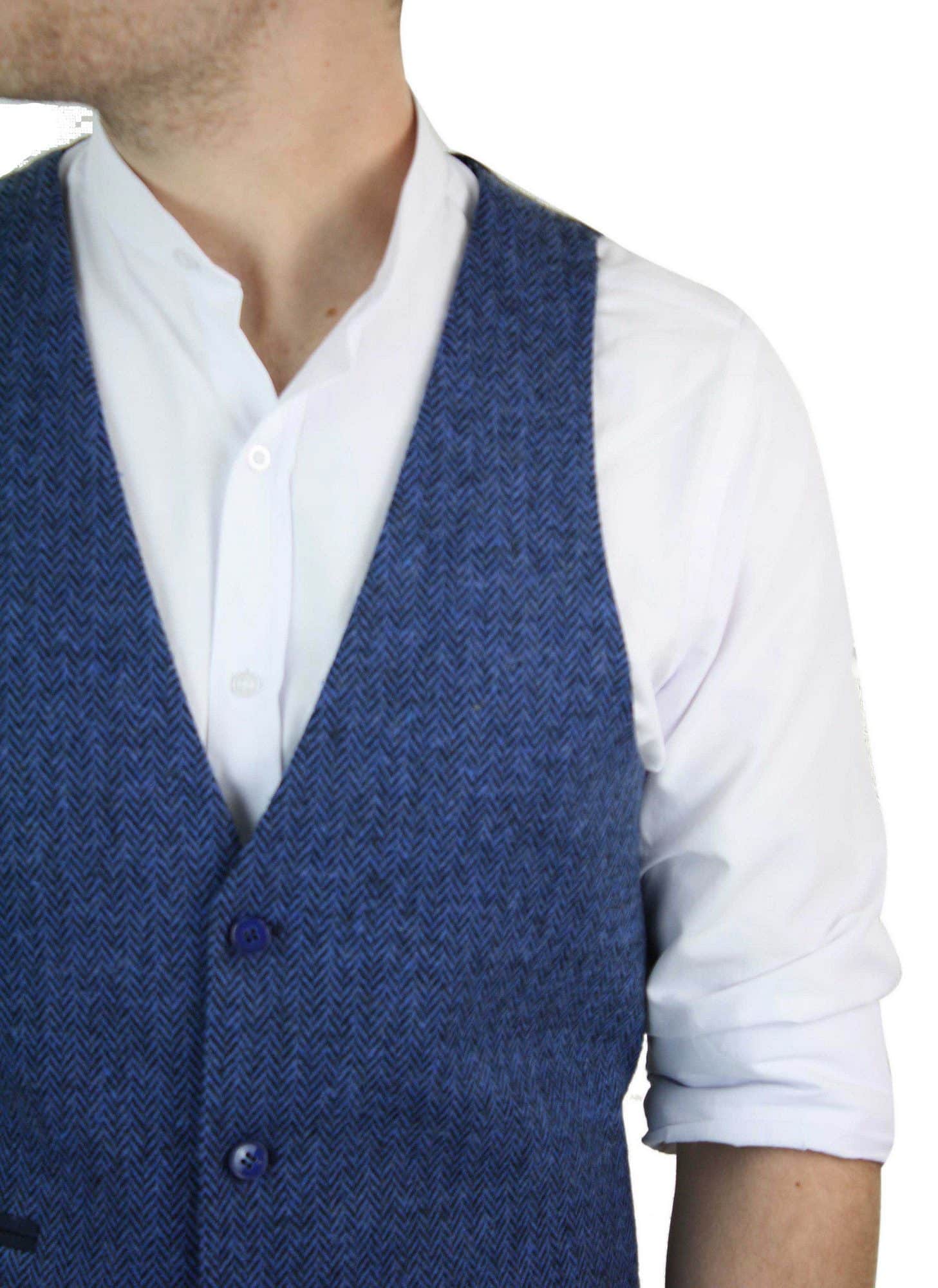 Mens Blue Waistcoat Tweed Herringbone Wool 1920s Vintage Vintage Retro