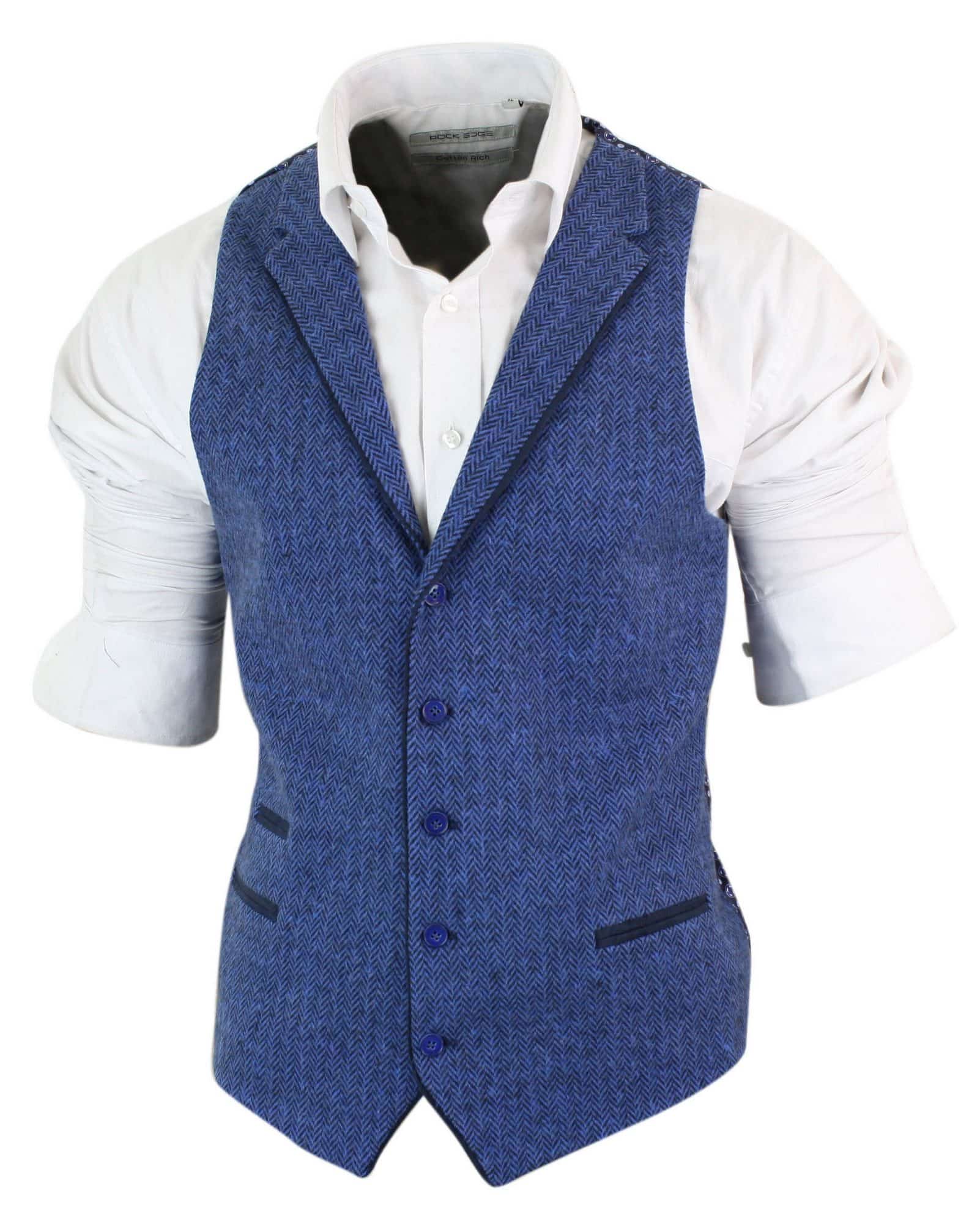 Mens Blue Waistcoat Tweed Herringbone Wool 1920s Vintage Vintage Retro