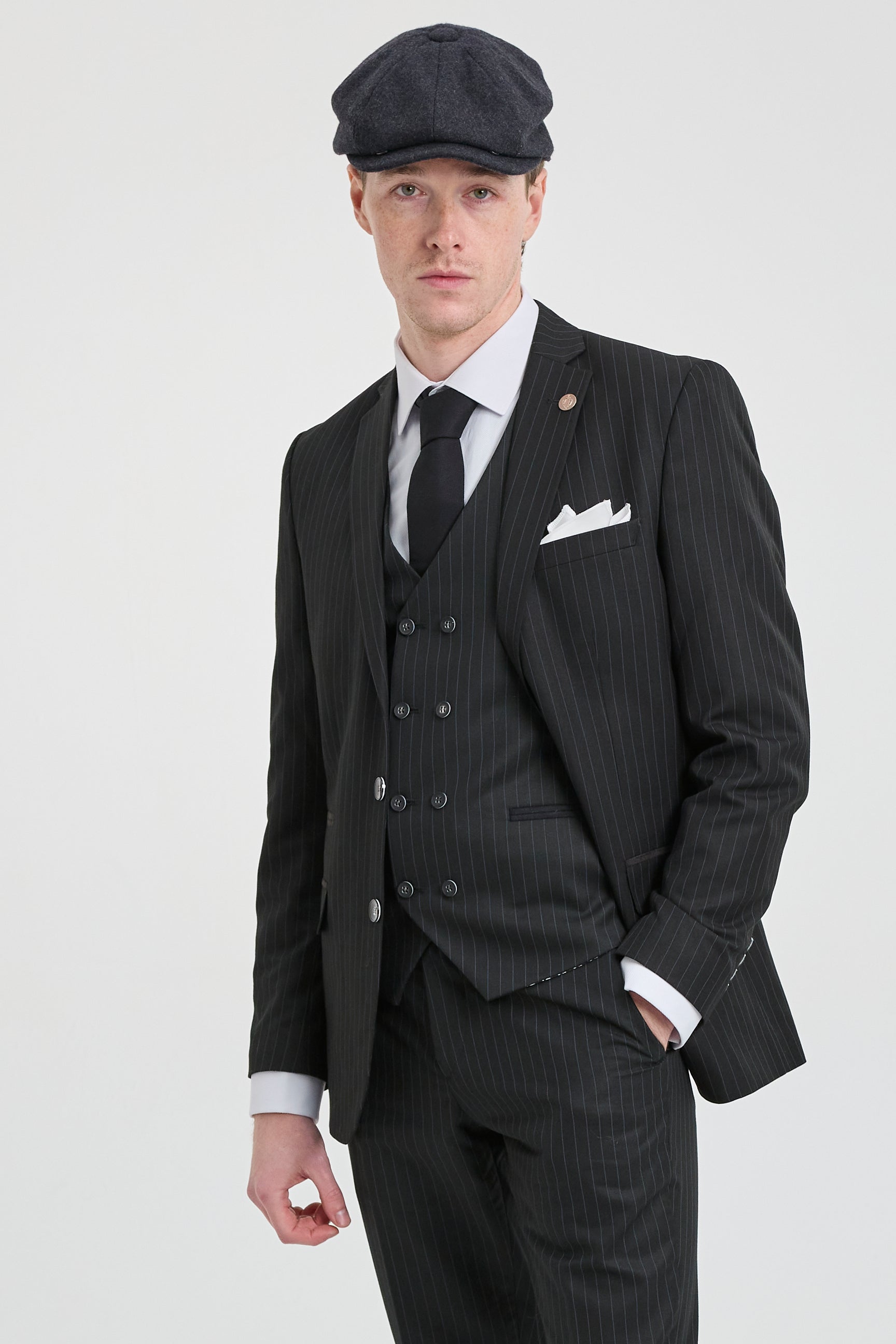 Mens Black 3 Piece Pinstripe Suit