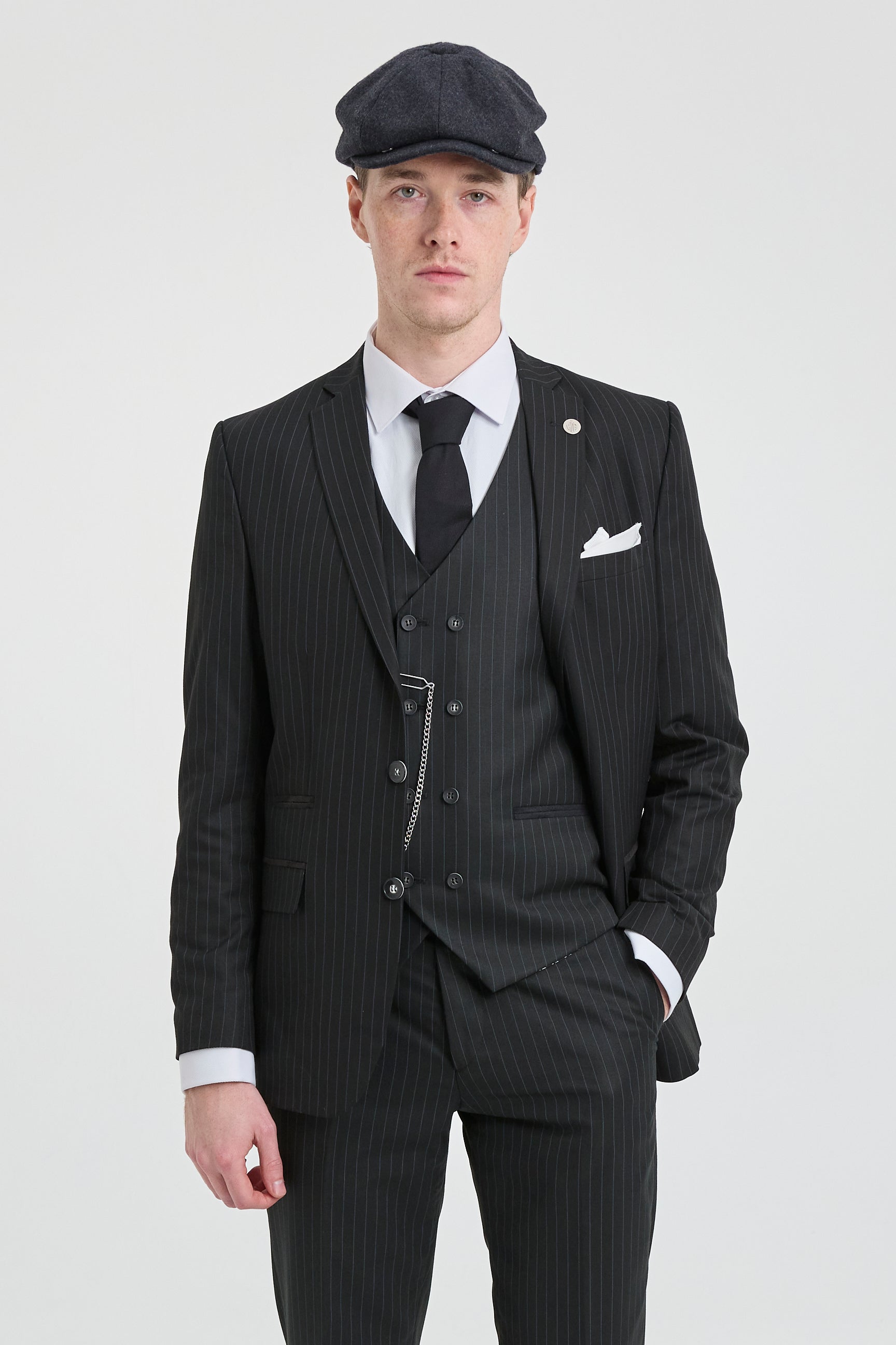 Mens Black 3 Piece Pinstripe Suit