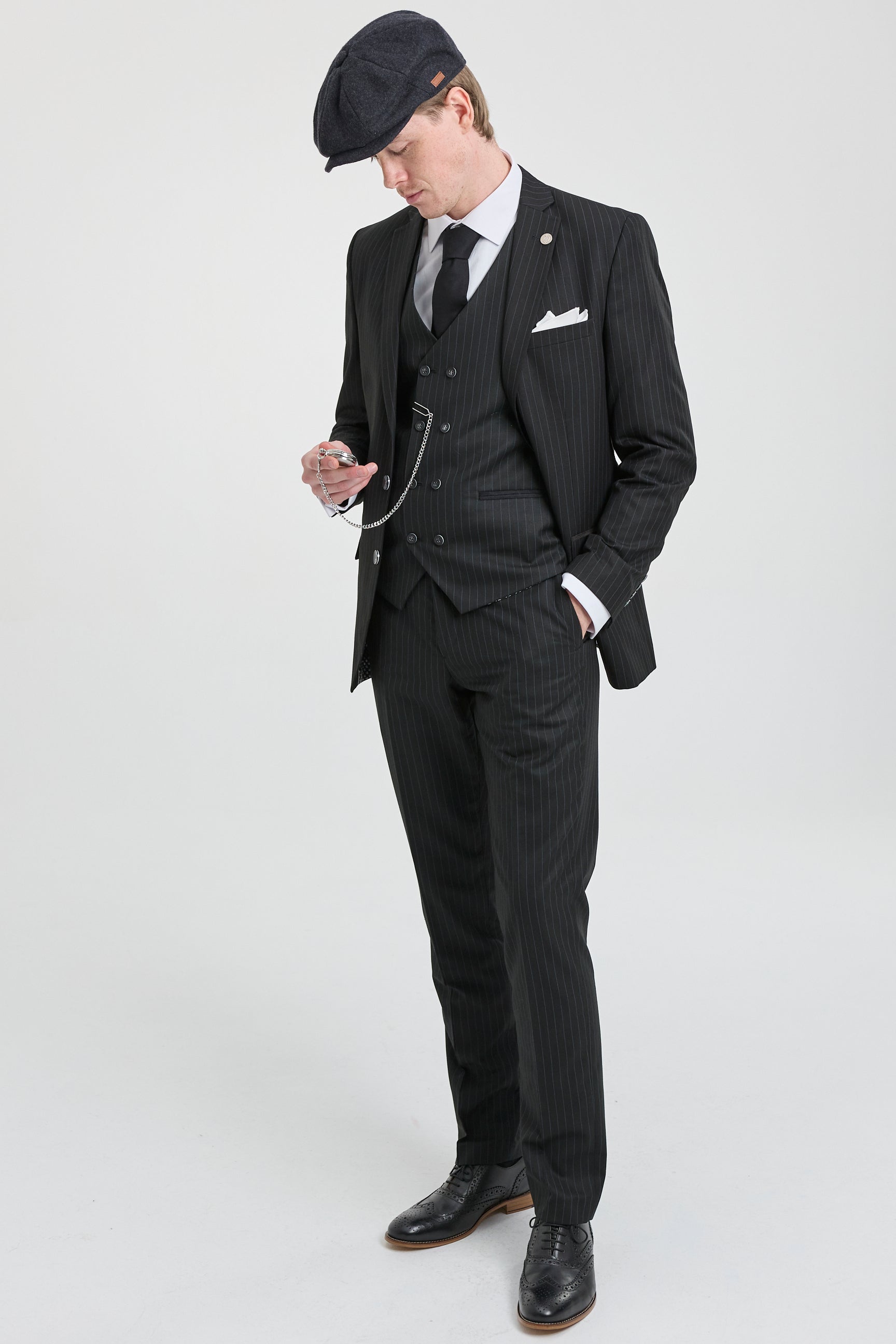 Mens Black 3 Piece Pinstripe Suit