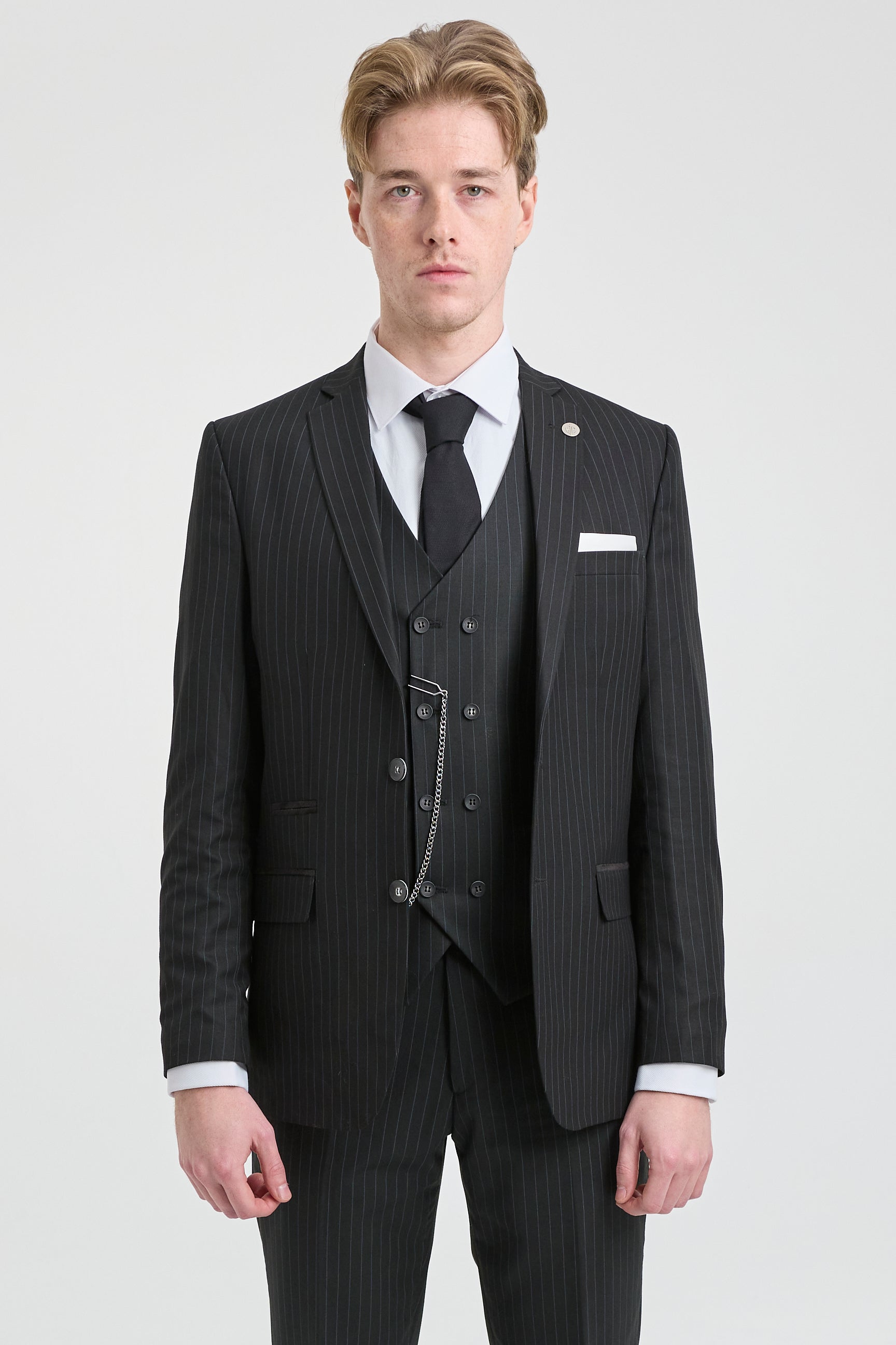 Mens Black 3 Piece Pinstripe Suit
