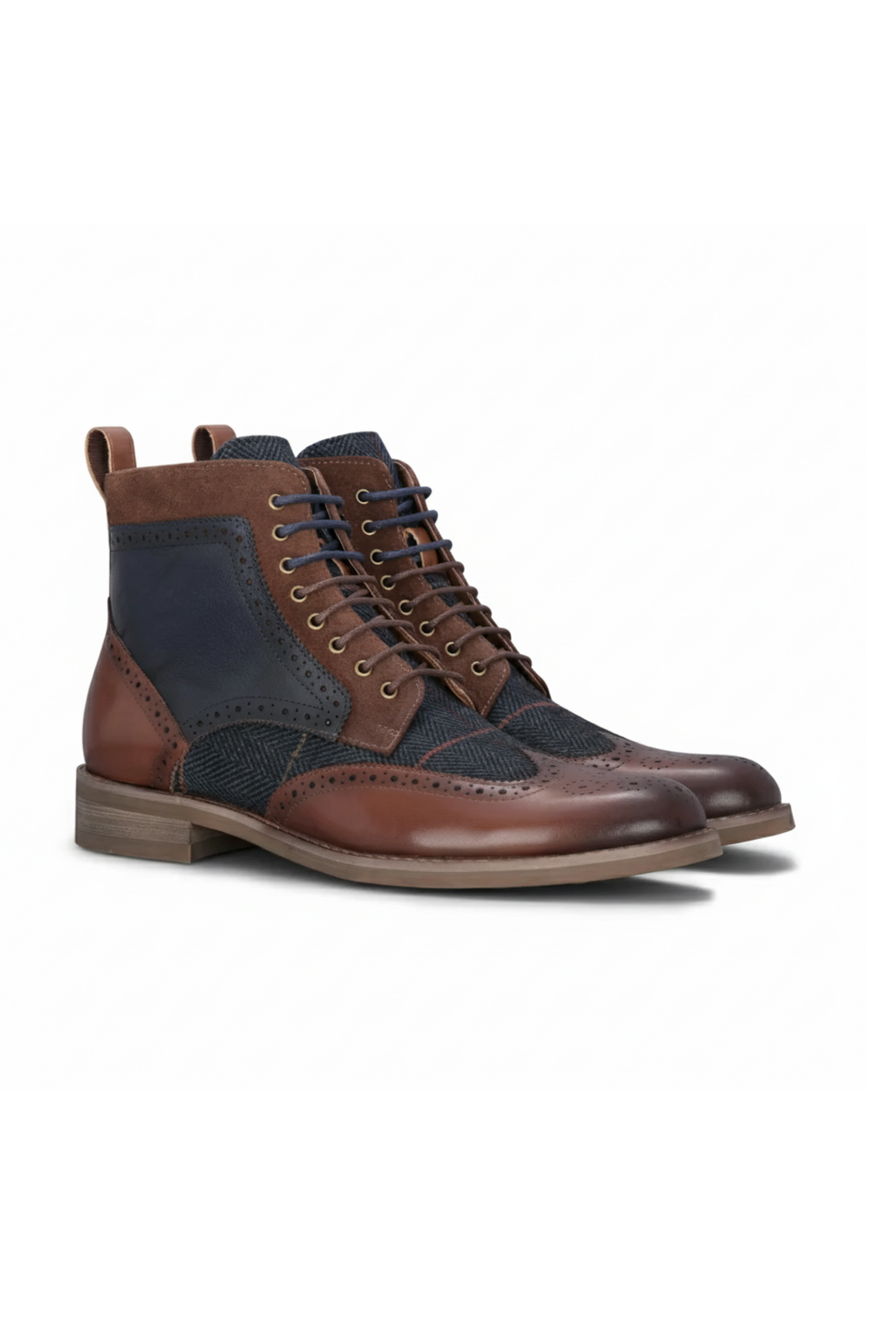 Teddy - Men's Brown Leather Navy Tweed Oxford Shoes