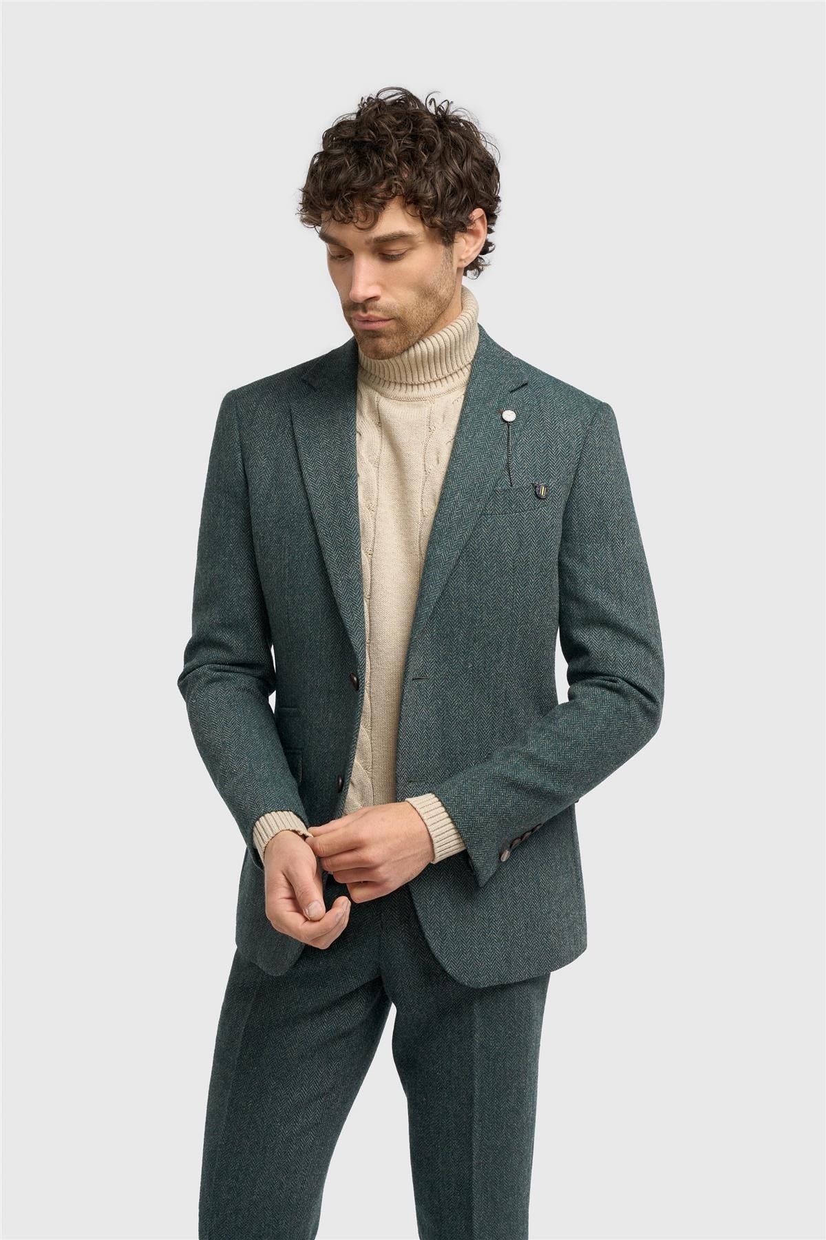 Thomas - Men's Olive Green Classic Herringbone Tweed Blazer