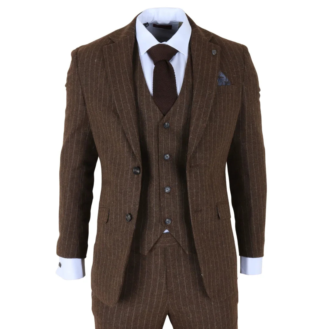 Men's Brown Pinstripe Slim Fit 3 Piece Suit