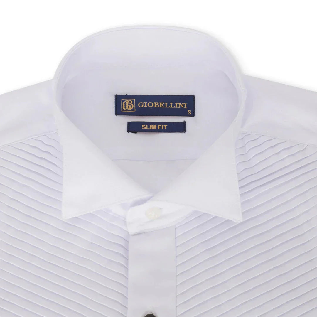 Men's Wing Collar White Shirt Pleated Tuxedo Double Cuff Satin Cotton