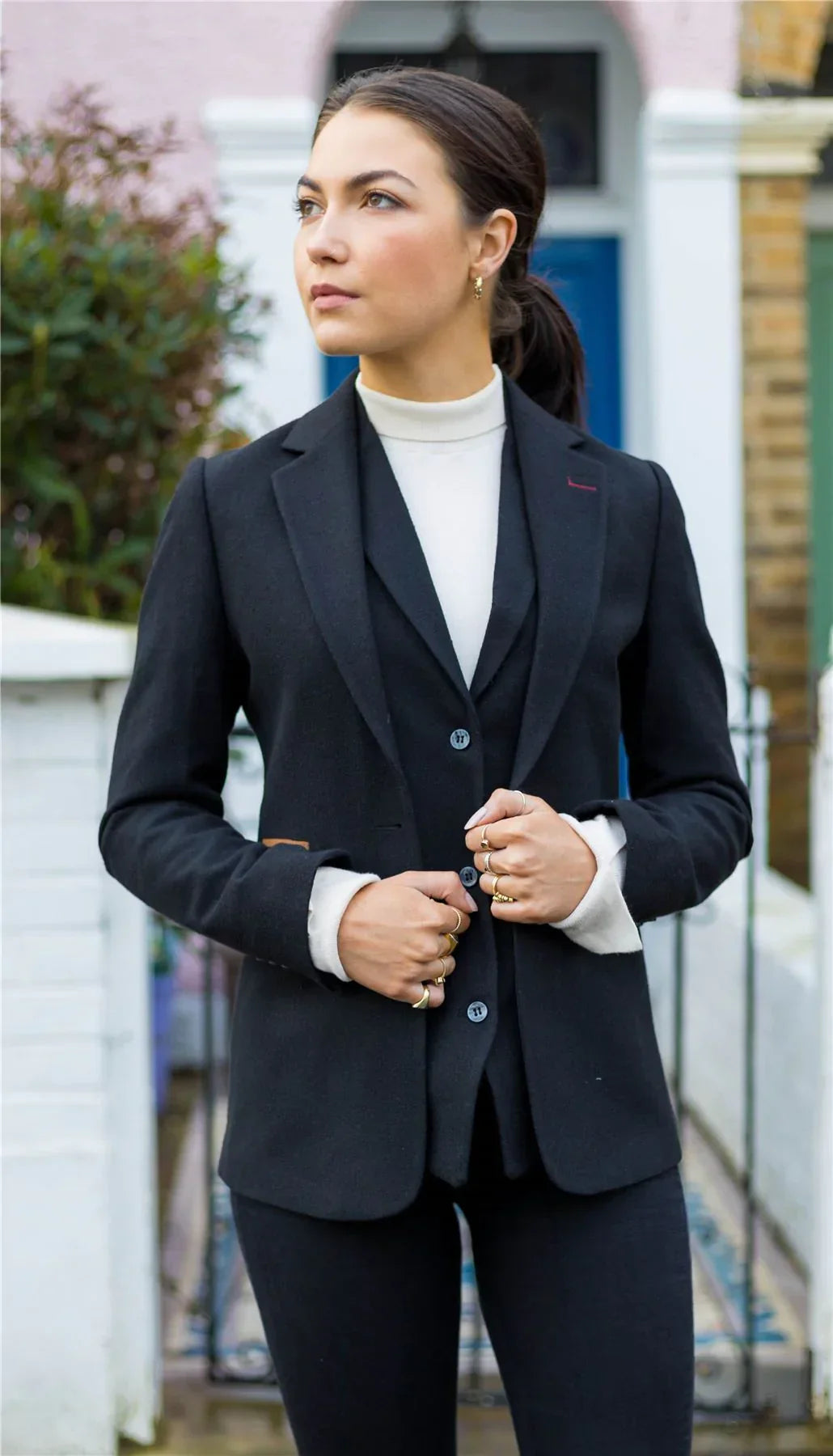Womens Blazer Suit Wool Tweed Elbow Patch 1920s Vintage Classic Black