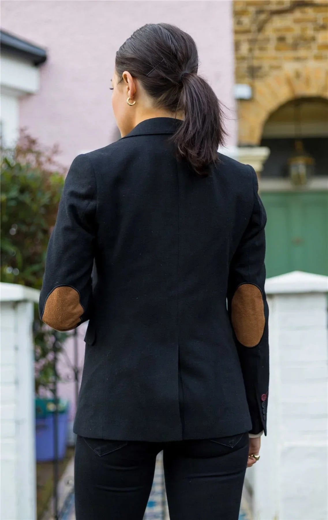 Womens Blazer Suit Wool Tweed Elbow Patch 1920s Vintage Classic Black
