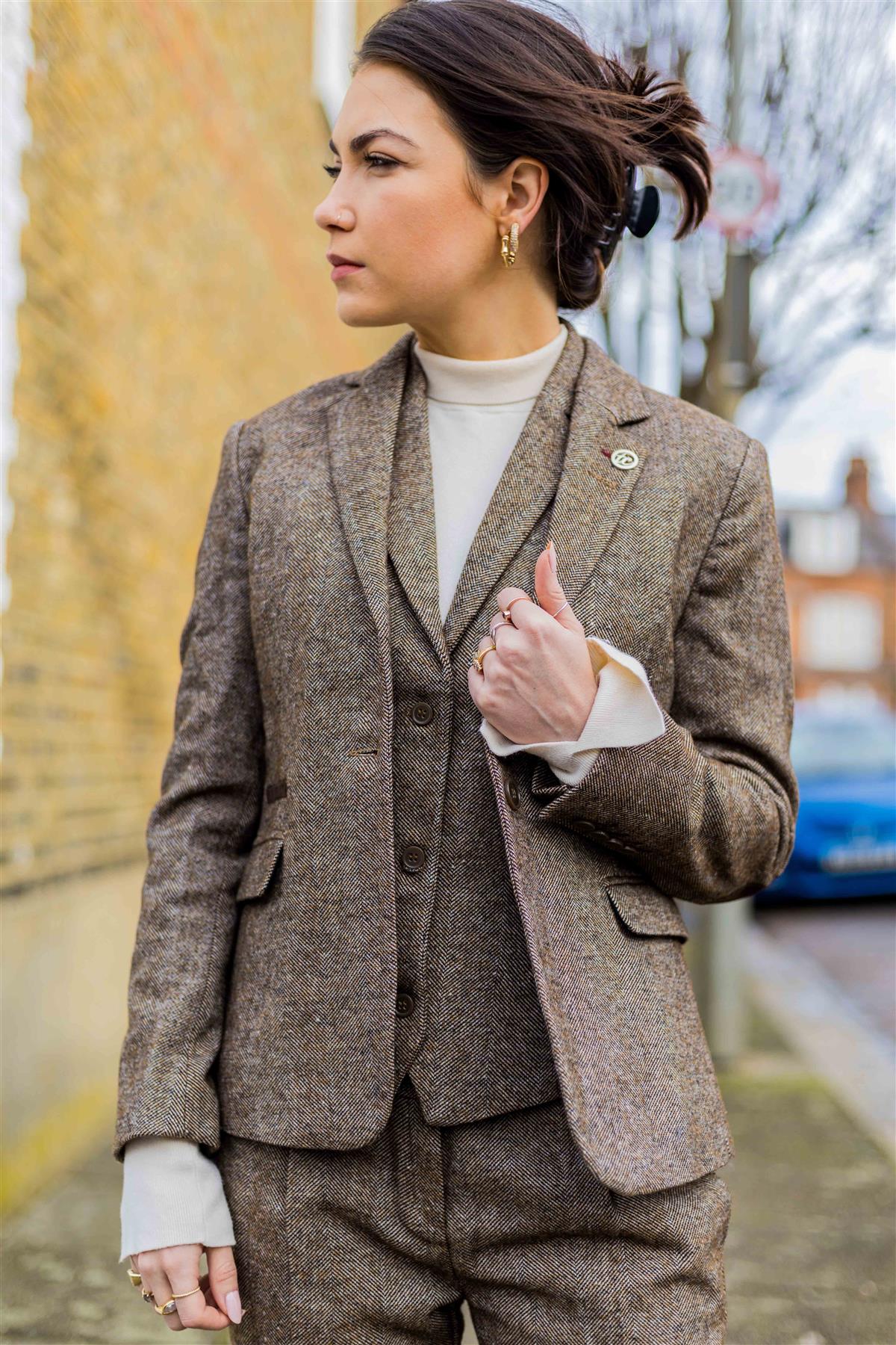 Womens Blazer 1920s Vintage Blinders Tan Brown Herringbone Tailored Fit