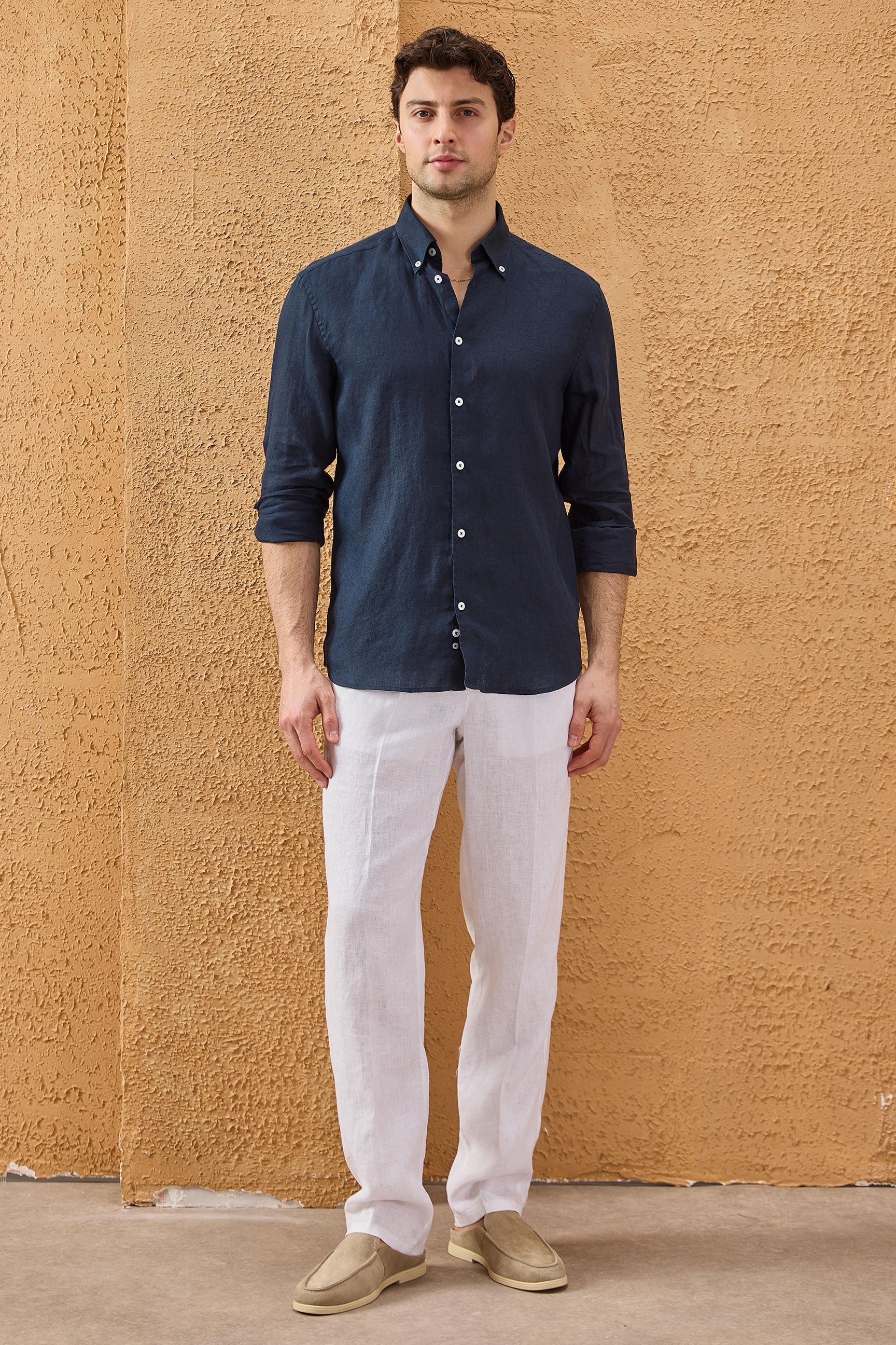 Men’s Navy Pure Linen Shirt Long Sleeve Button-Down Summer Shirt