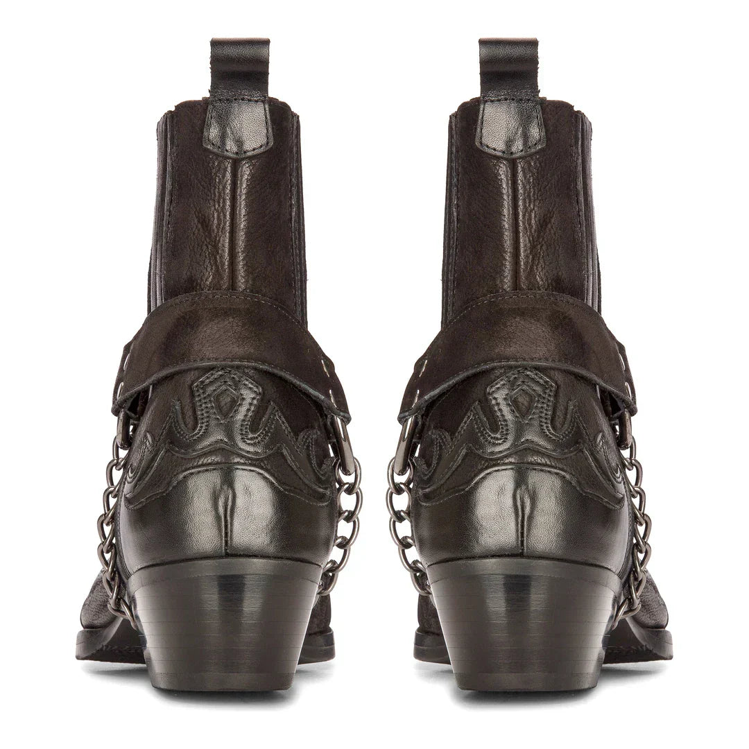 Mens Western Black Cowboy Boots Vintage Pointed Knight Ankle Country Boot Riding Real Leather