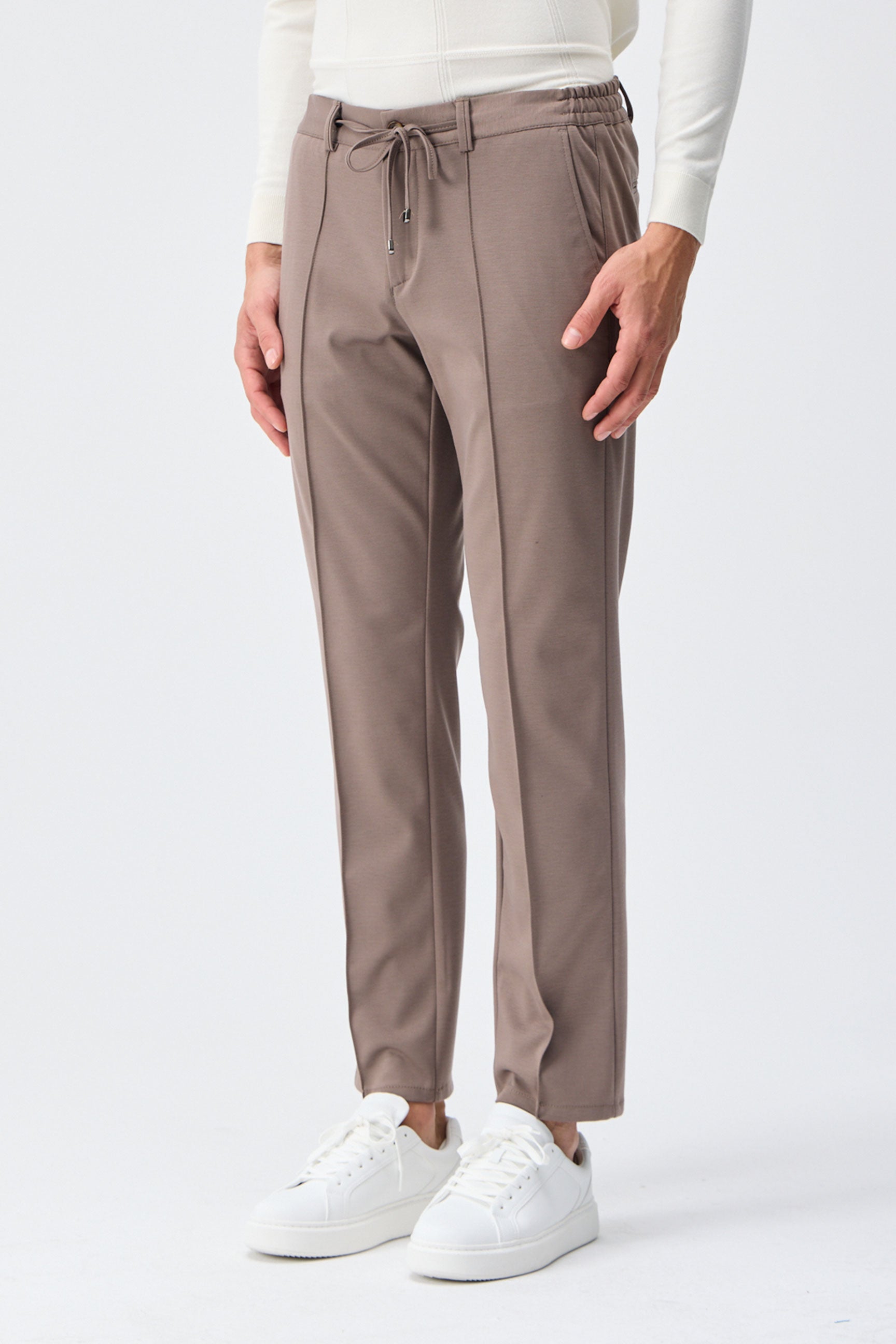 Men’s Taupe Brown Smart Drawstring Trousers Tailored Tapered Fit