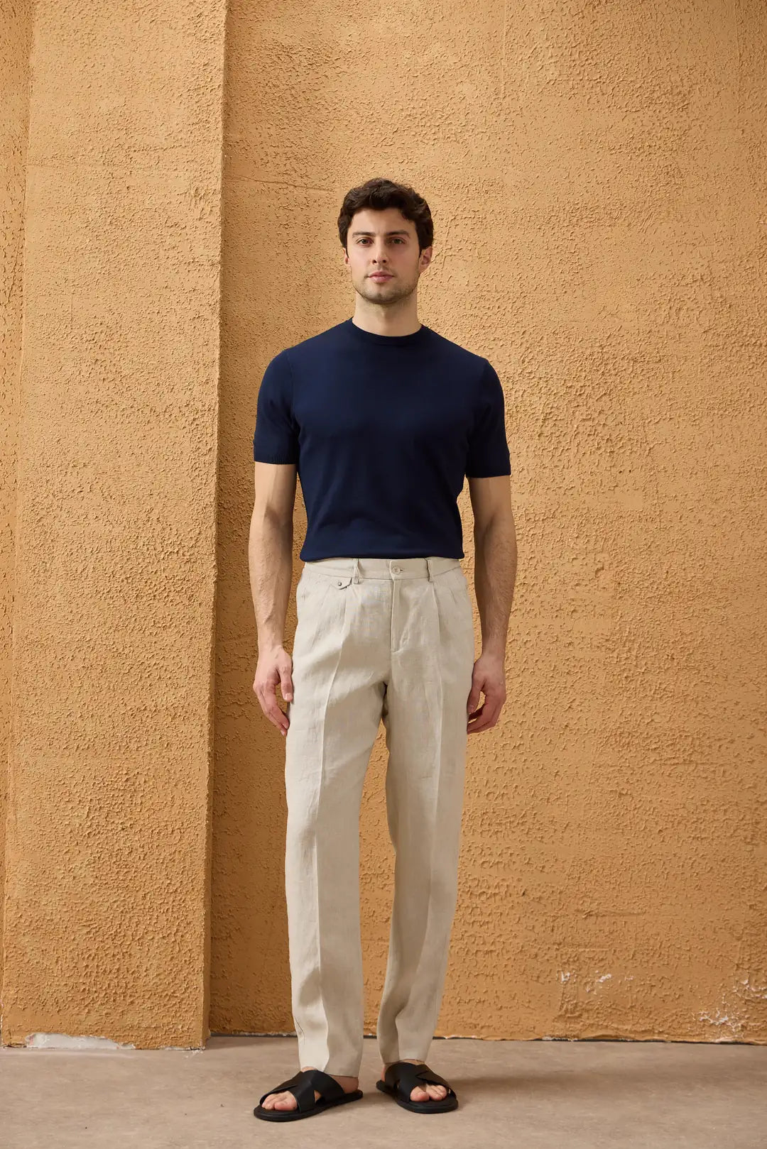 Men’s Beige 100% Linen Pleated Drawstring Trousers Relaxed Straight Fit