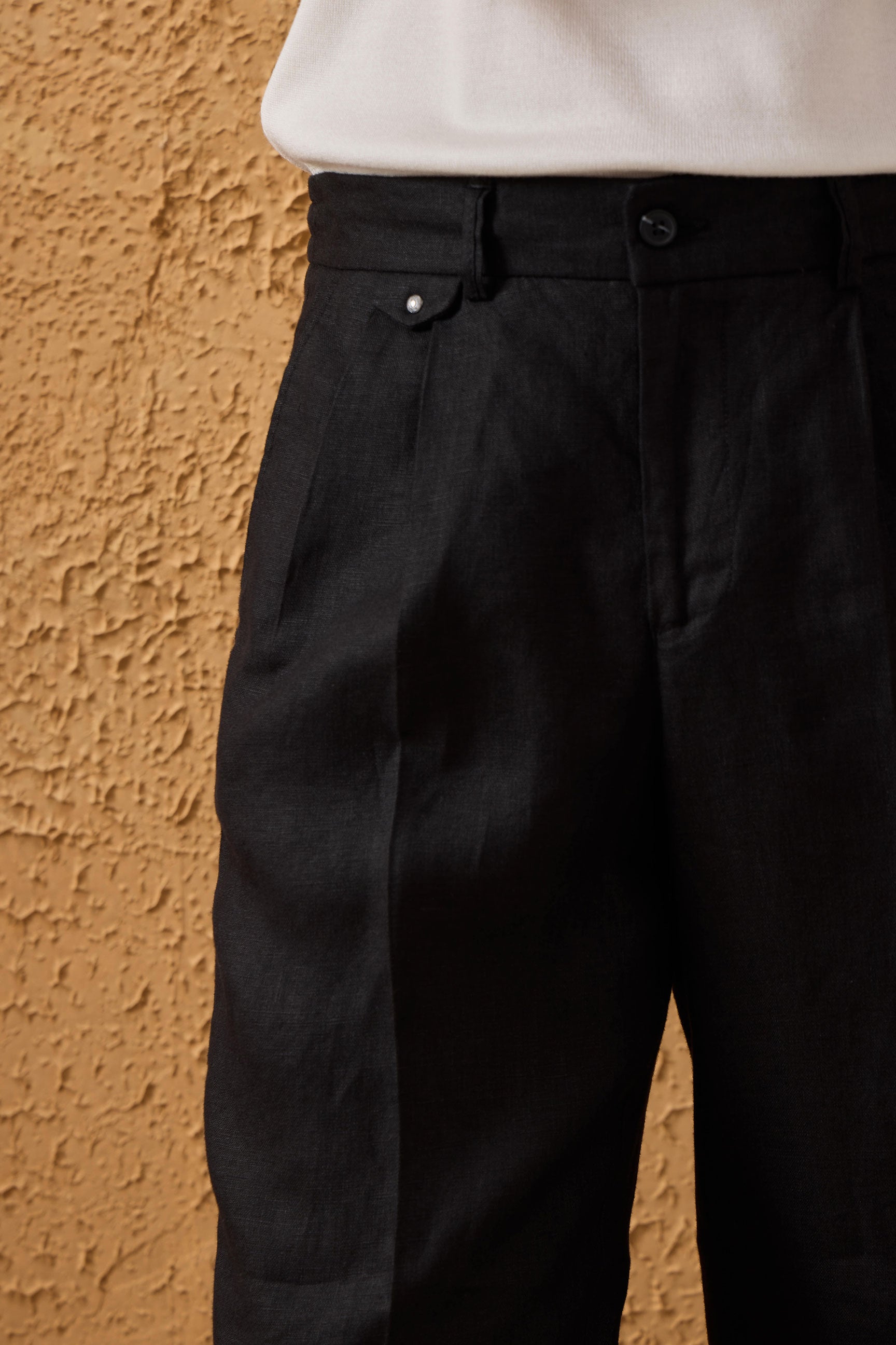 Men’s Black 100% Linen Pleated Drawstring Trousers Relaxed Straight Fit
