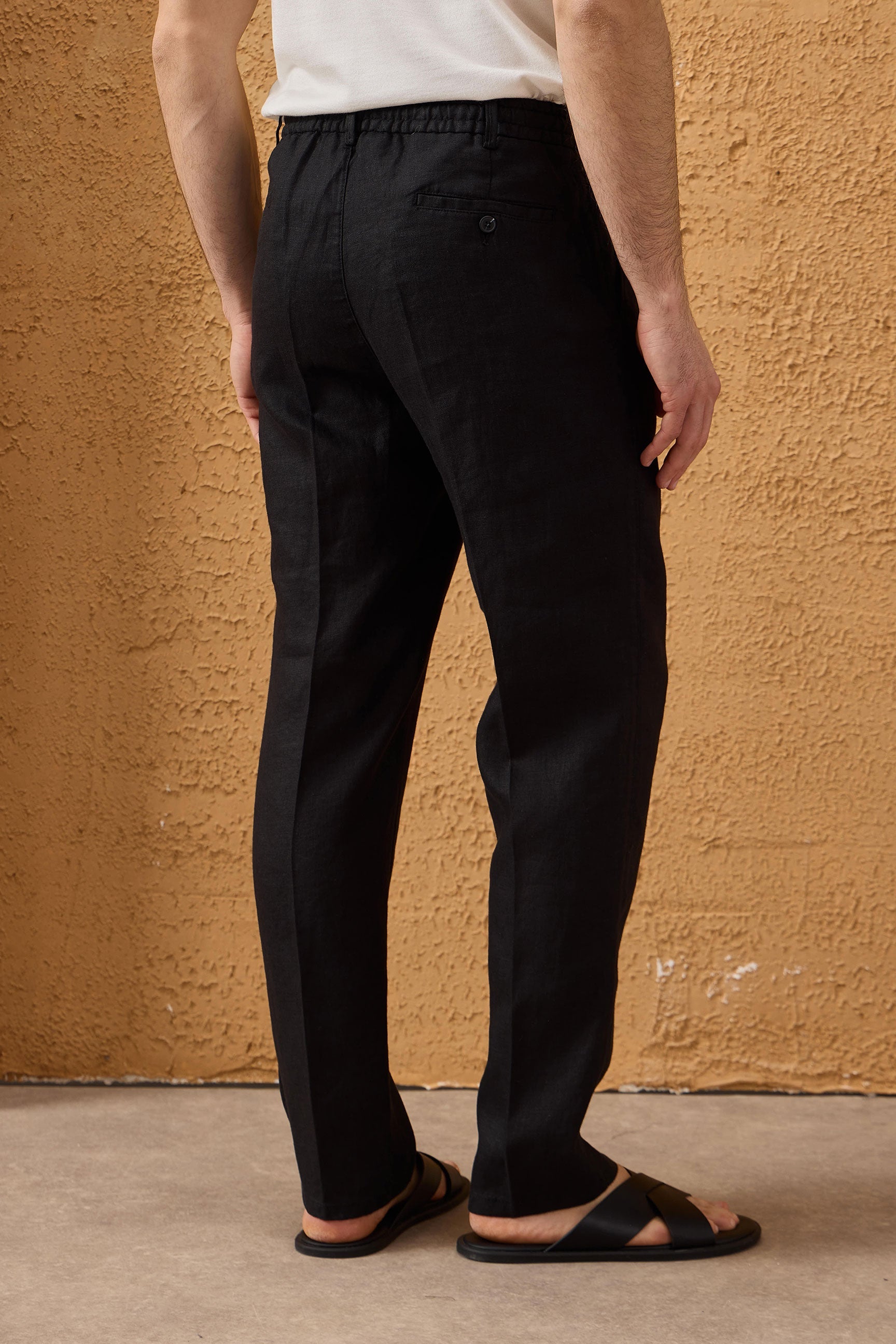Men’s Black 100% Linen Pleated Drawstring Trousers Relaxed Straight Fit