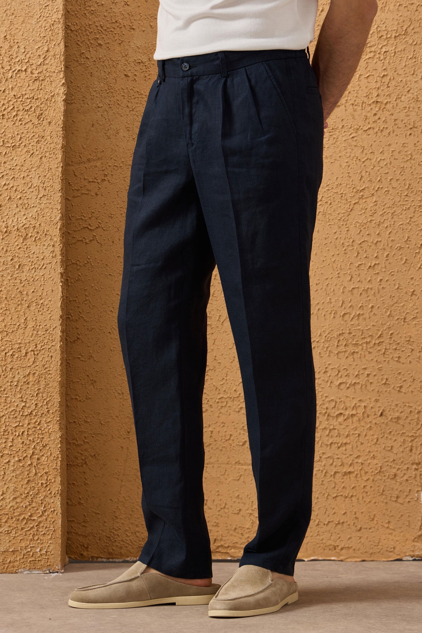 Men’s Navy Linen Smart Casual 2 Piece Suit Zip Front Safari Style Summer