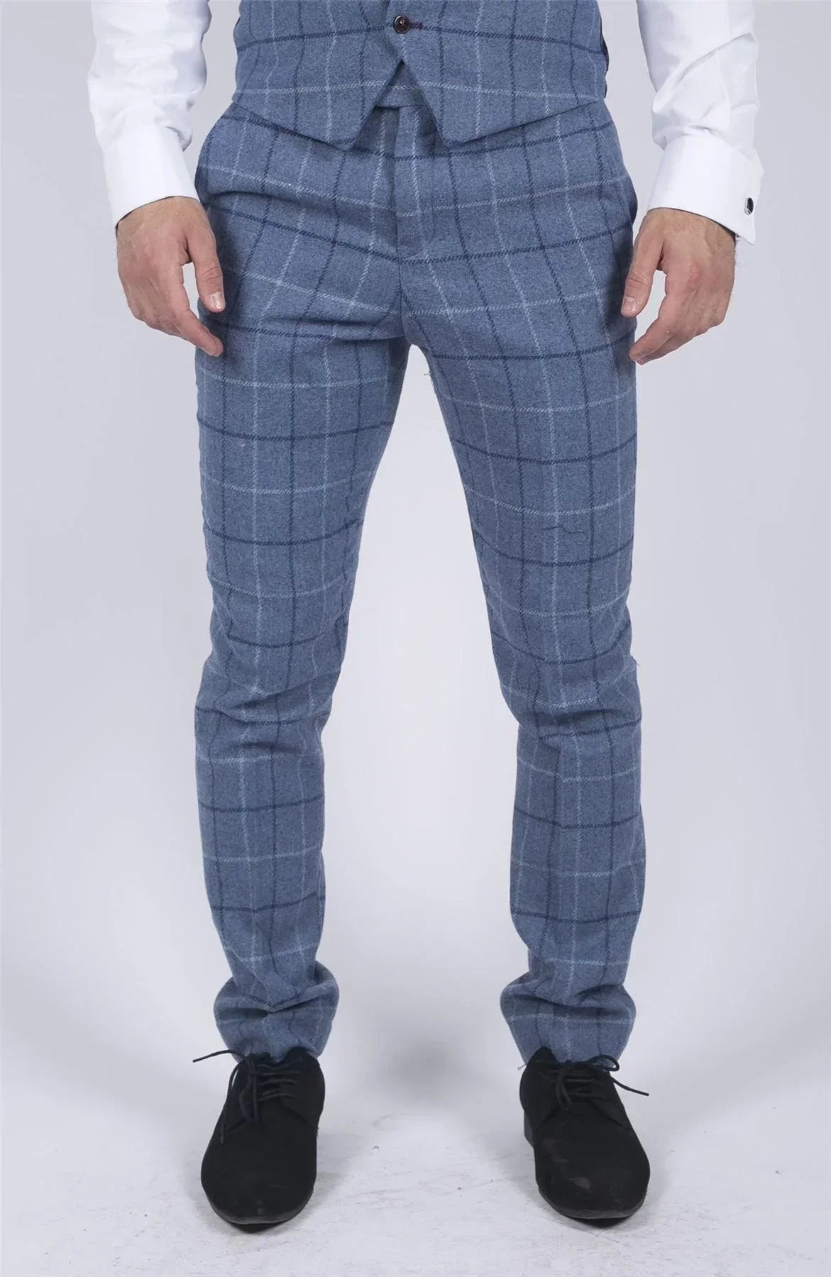 Mens Marc Darcy Light Blue Navy Check Trousers Smart Casual Tweed Slim Fit Clinton