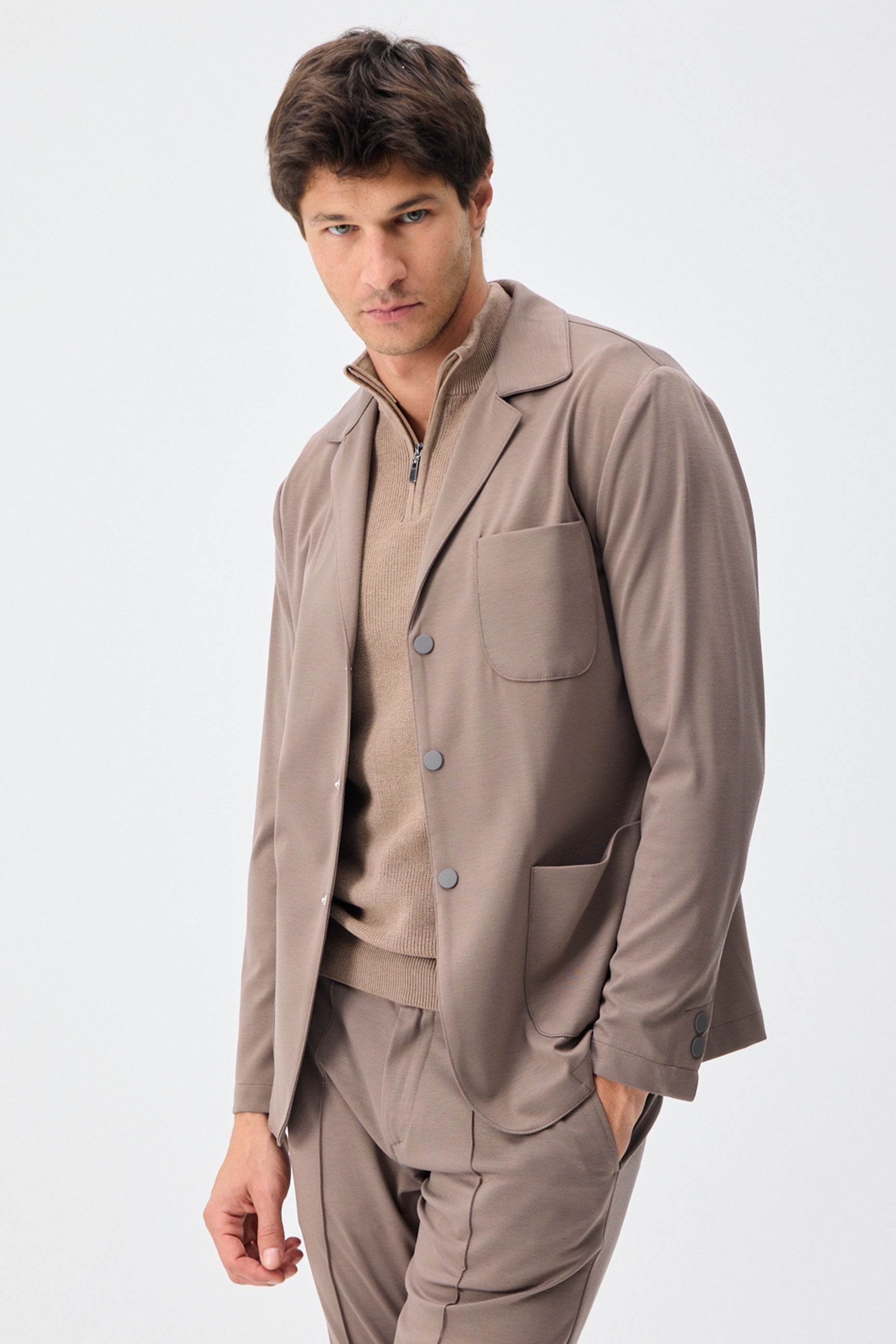 Men’s Taupe Brown Soft Jersey Blazer Smart Casual Jacket