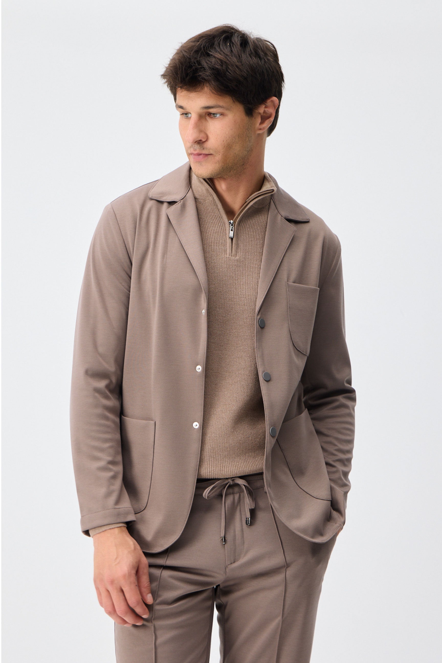 Men’s Brown Soft Jersey Smart Casual Suit Blazer Jacket & Trousers Set