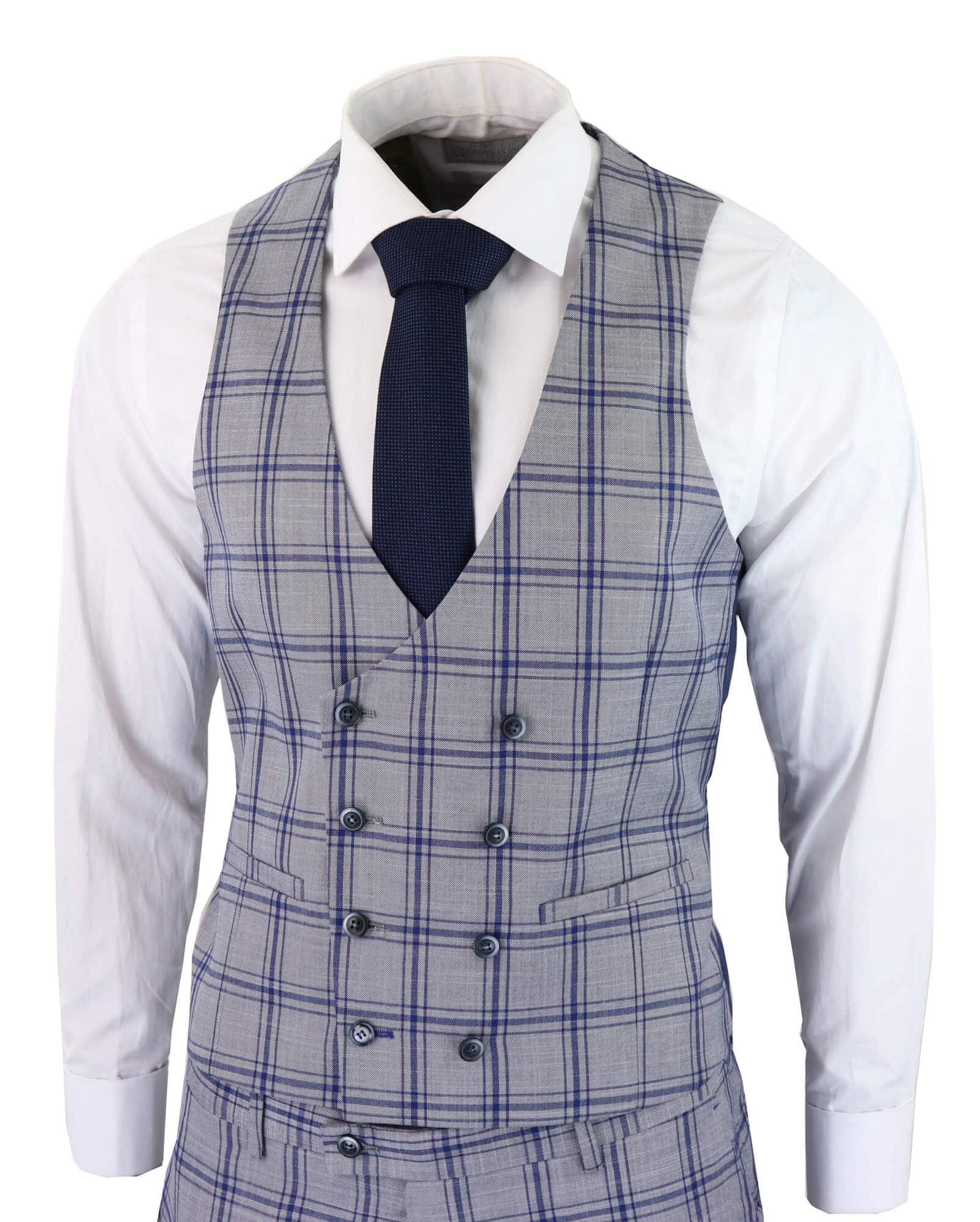 Men's Grey Blue Check 3 Piece Suit