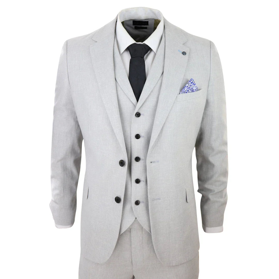 Mens 3 Piece Linen Suit Summer Breathable Wedding Cotton Light Grey