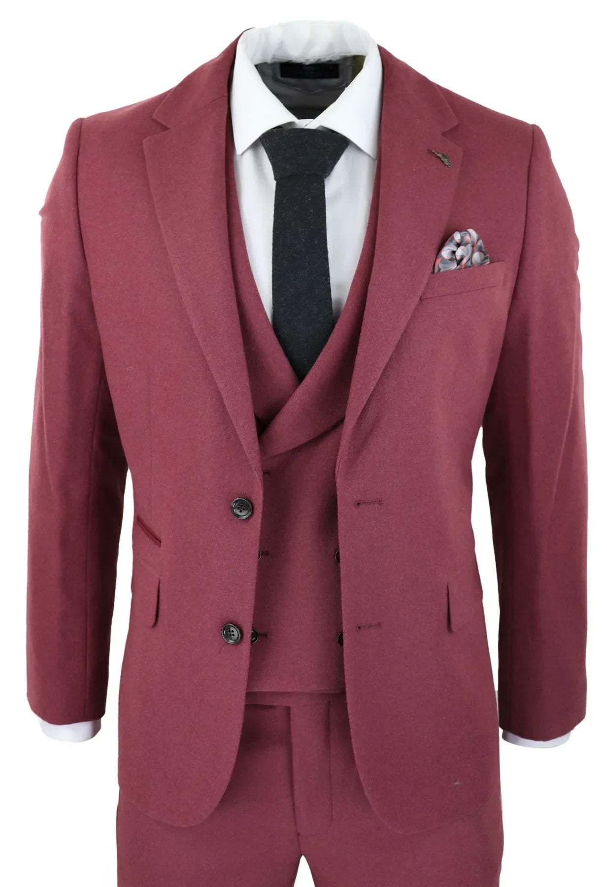 Mens Wool 3 Piece Burgundy Red Suit Double Breasted Wedding Party Vintage 1920s