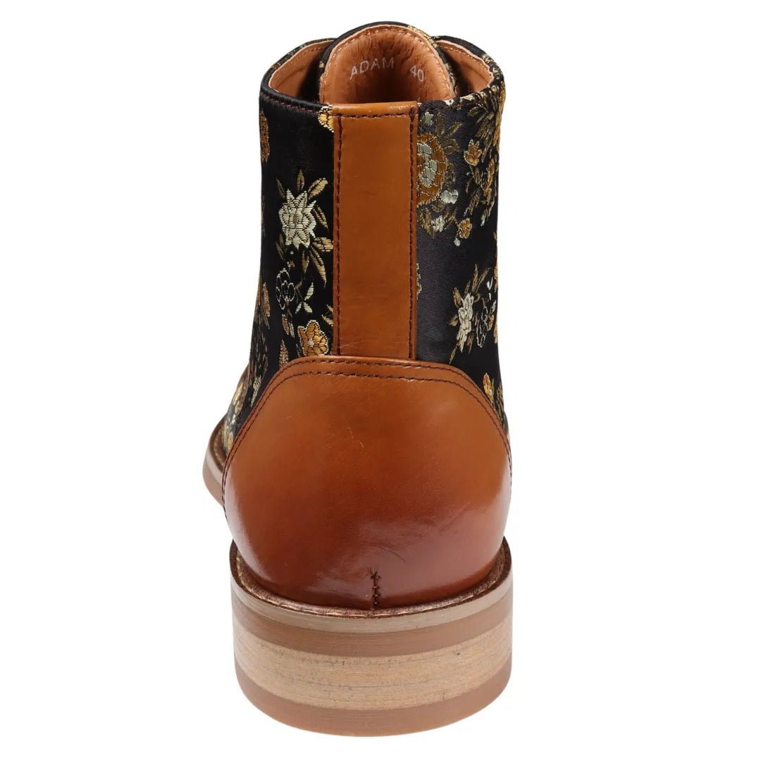 Adan - Men's Floral Print Leather Oxford Ankle Brown Boots