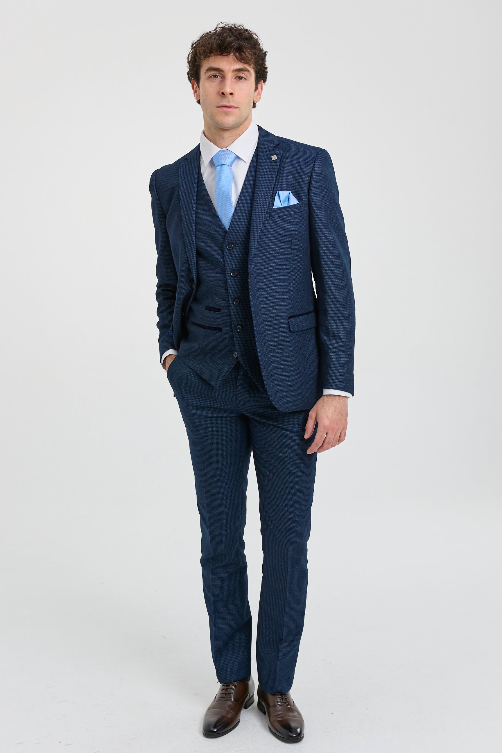Mens Navy Blue 3 Piece Suit Birdseye Suit Wedding Prom Formal Smart Classic