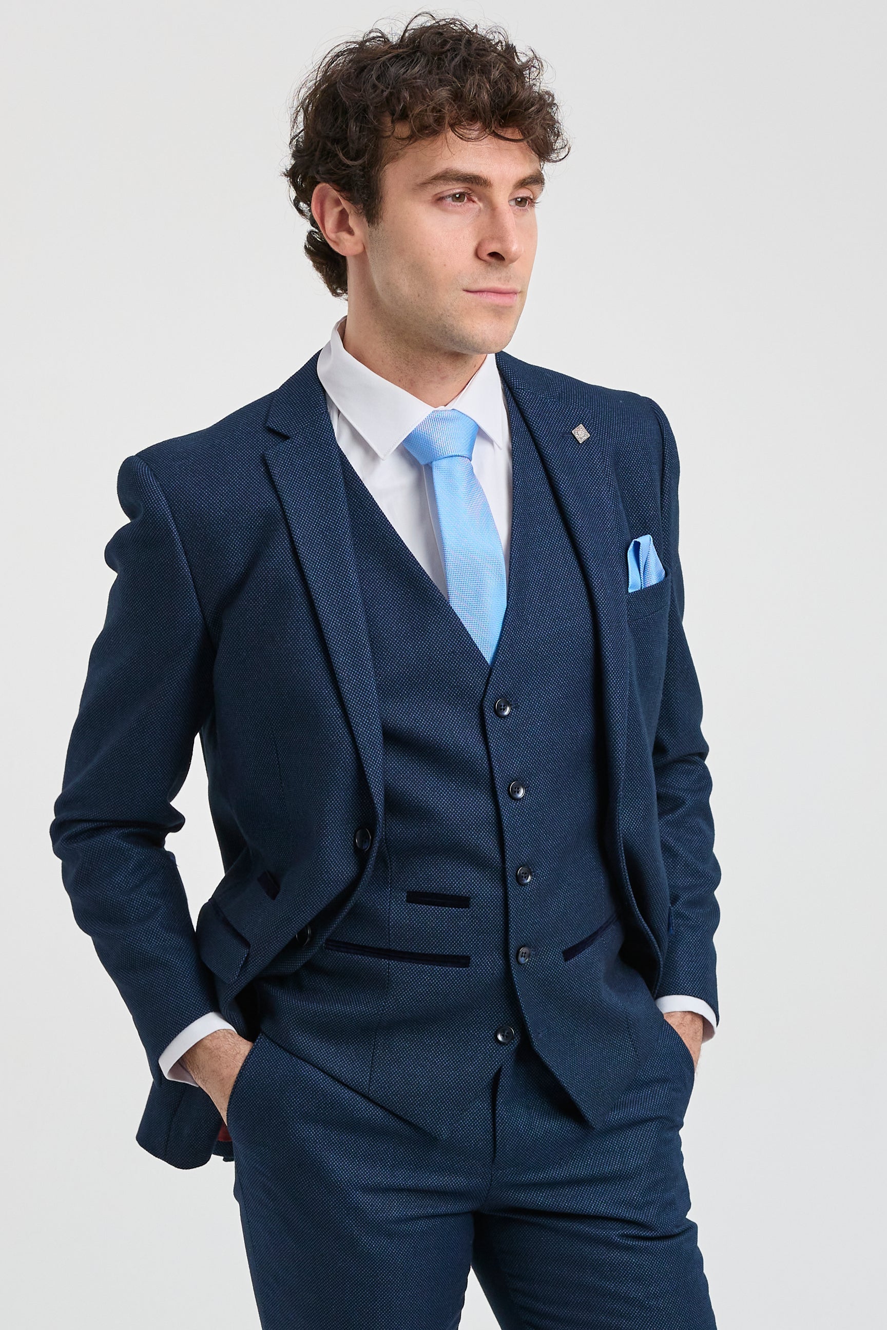 Mens Navy Blue 3 Piece Suit Birdseye Suit Wedding Prom Formal Smart Classic