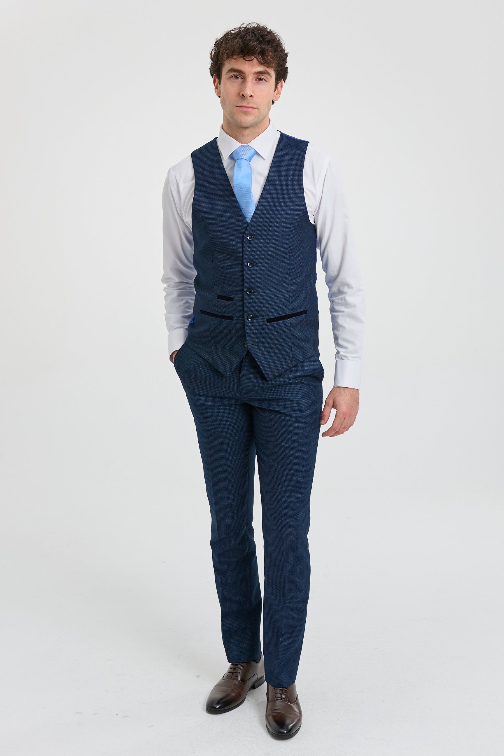 Mens Navy Blue 3 Piece Suit Birdseye Suit Wedding Prom Formal Smart Classic