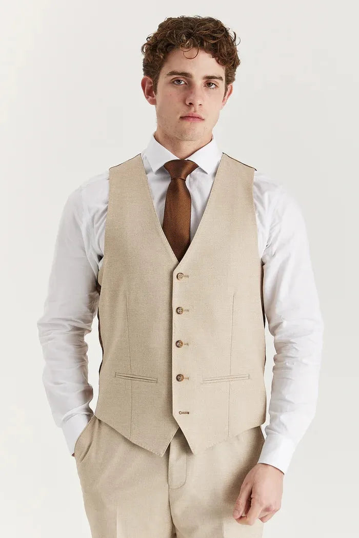 Belmont - Men's Beige 3 Piece Stitch Lapel Classic Suit