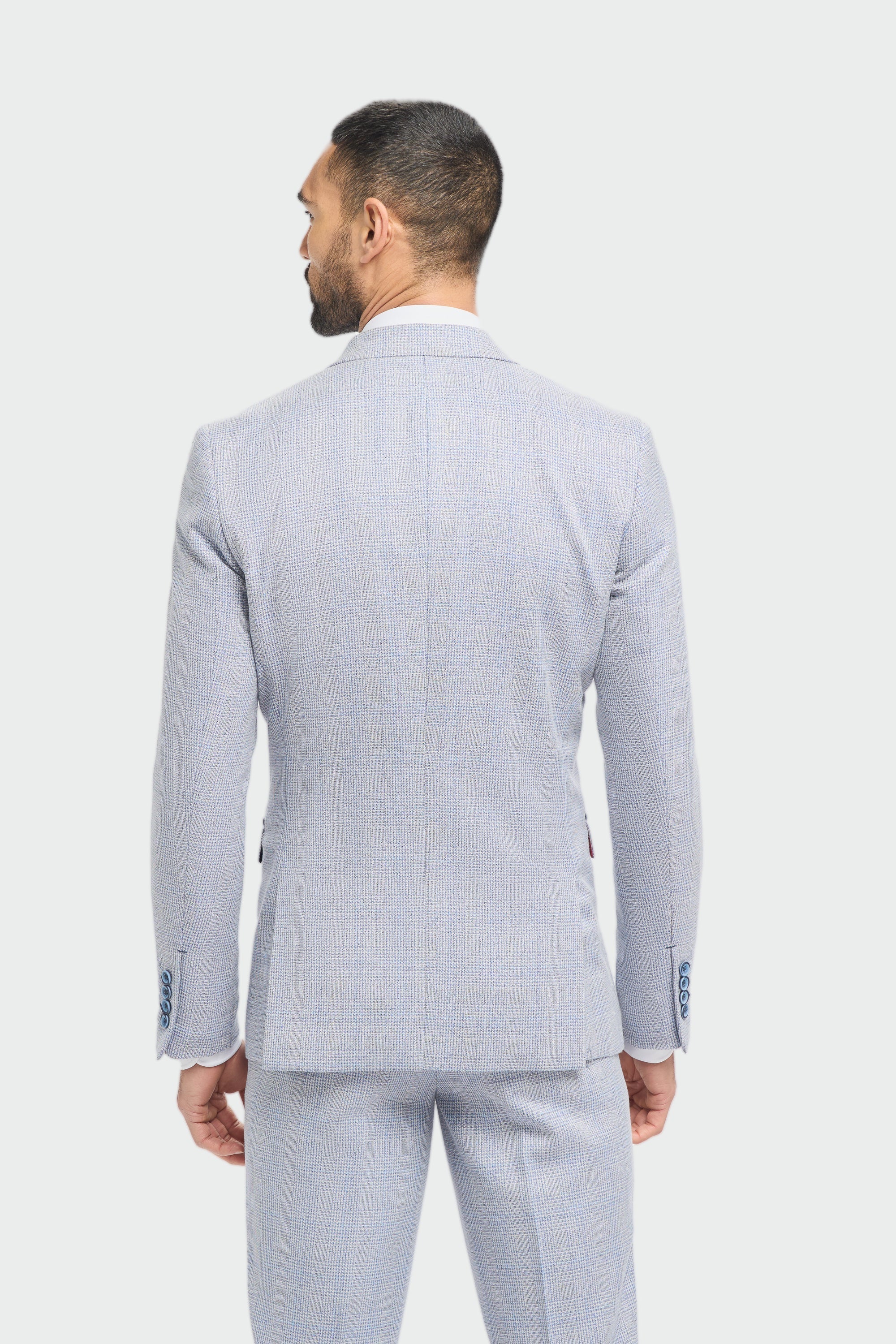 Men's Light Blue Check Prince of Wales 3-Piece Suit with Navy Waistcoat