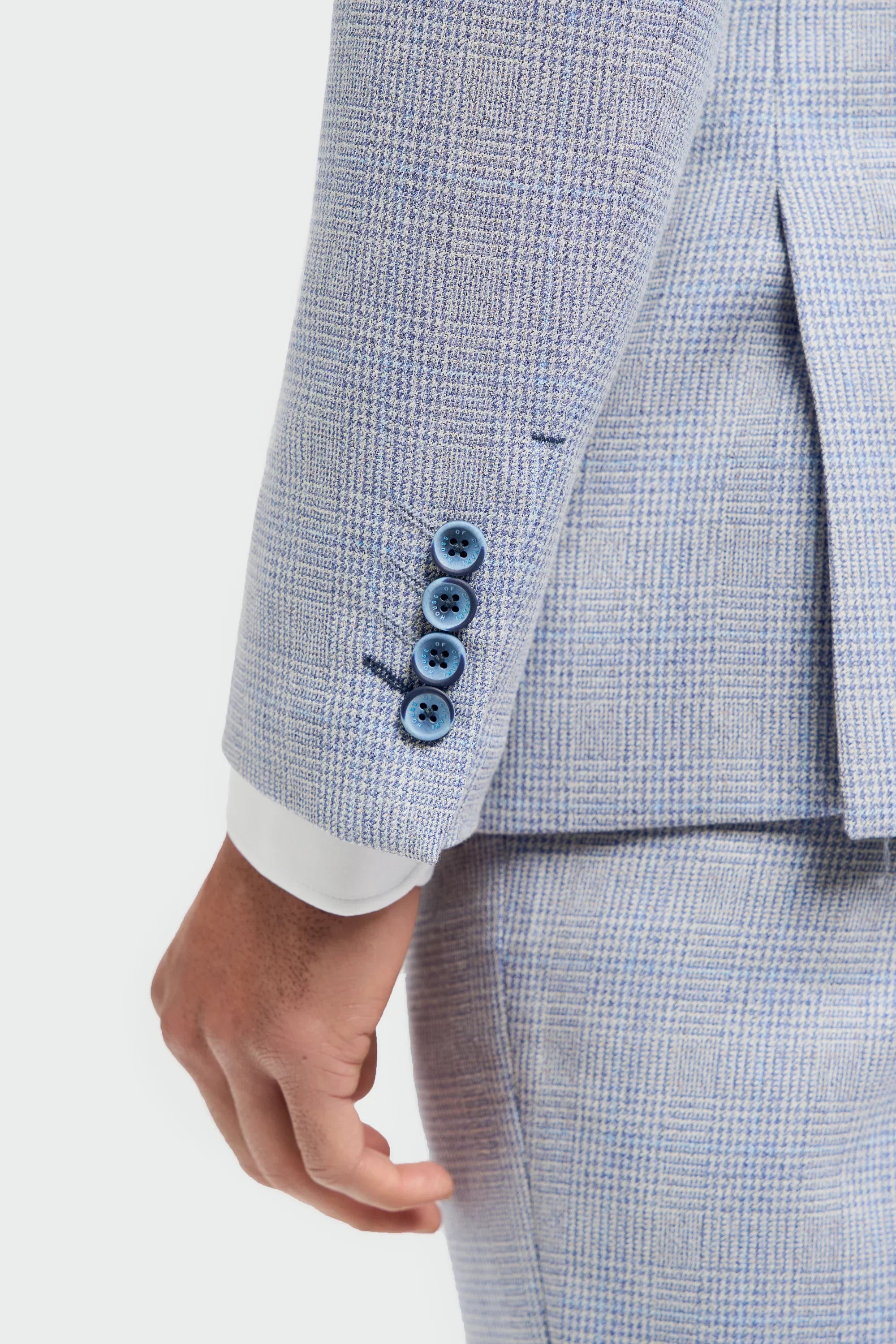 Men's Light Blue Check Prince of Wales 3-Piece Suit with Navy Waistcoat