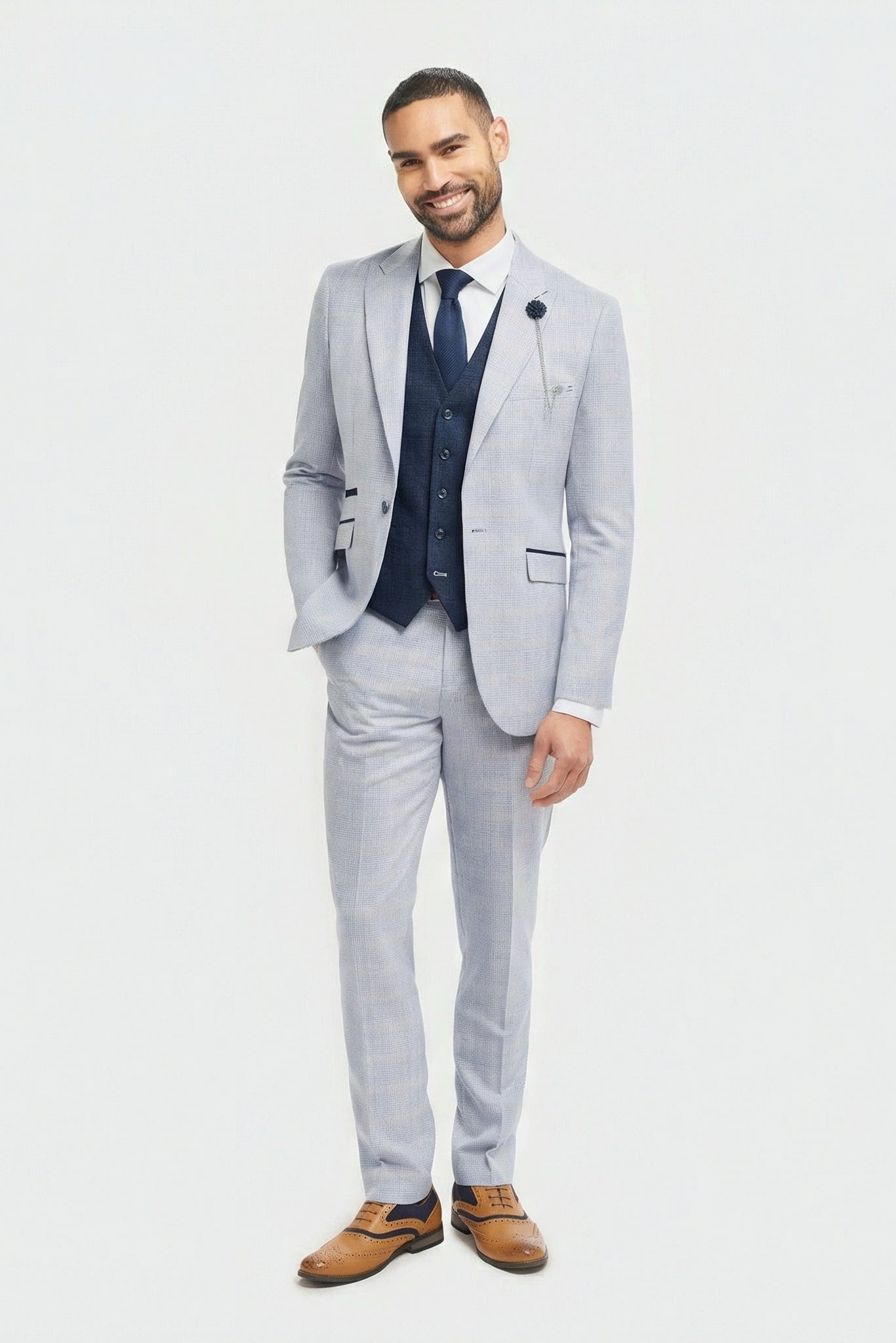Men's Light Blue Check Prince of Wales 3-Piece Suit with Navy Waistcoat