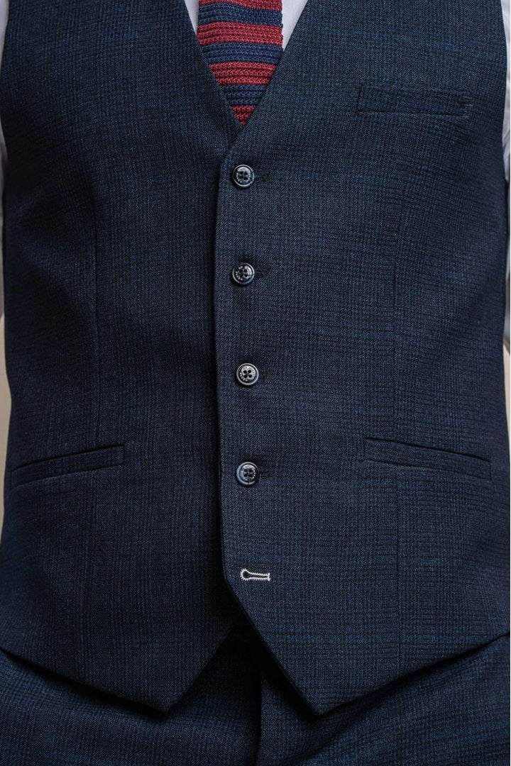 Men's Light Blue Check Prince of Wales 3-Piece Suit with Navy Waistcoat