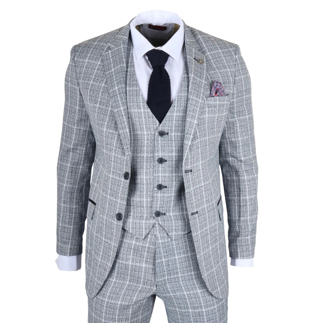 Men's Light Blue 3 Piece Plaid Check Suit