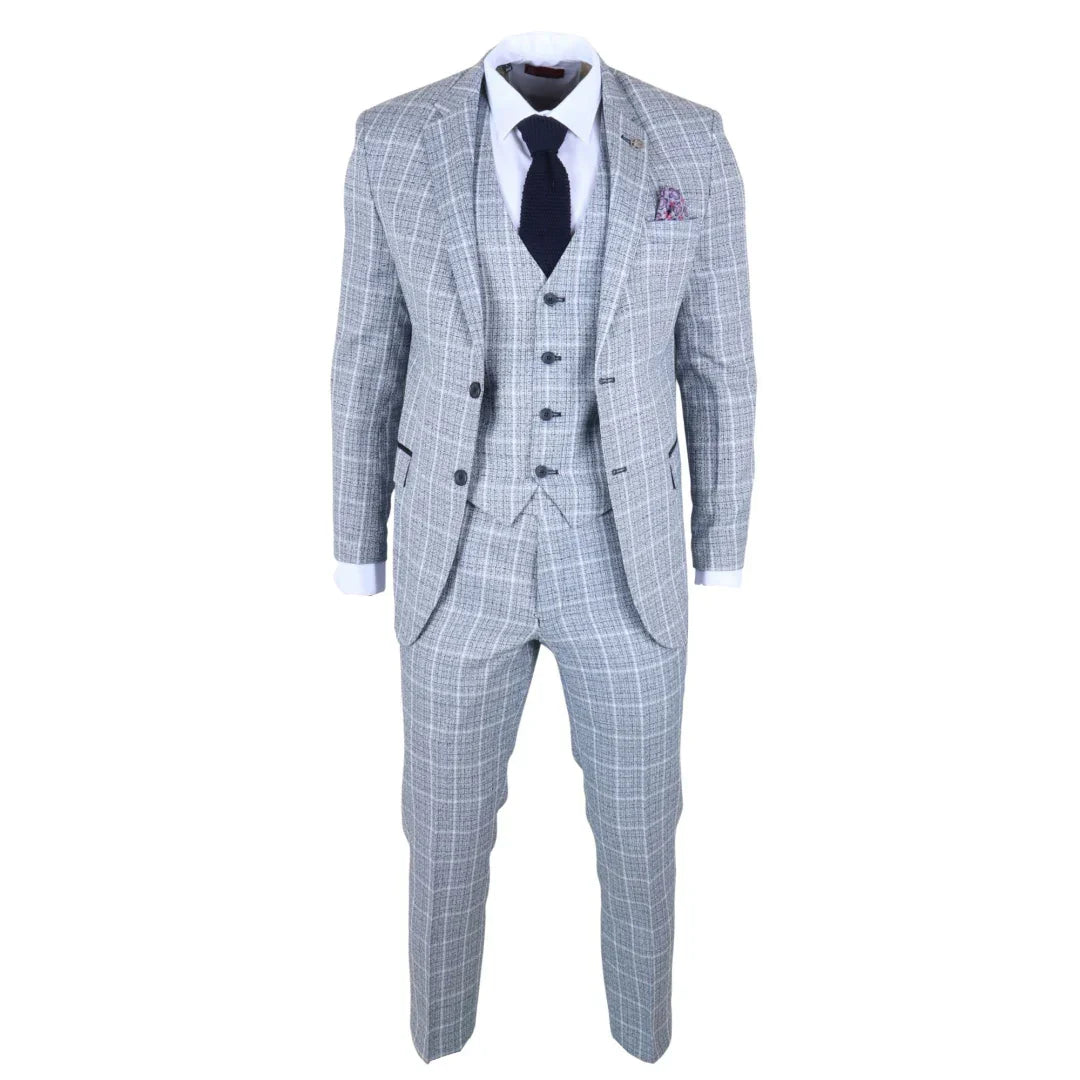 Men's Light Blue 3 Piece Plaid Check Suit