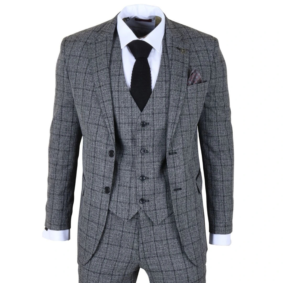 Men's Charcoal 3 Piece Tailored Fit Check Suit