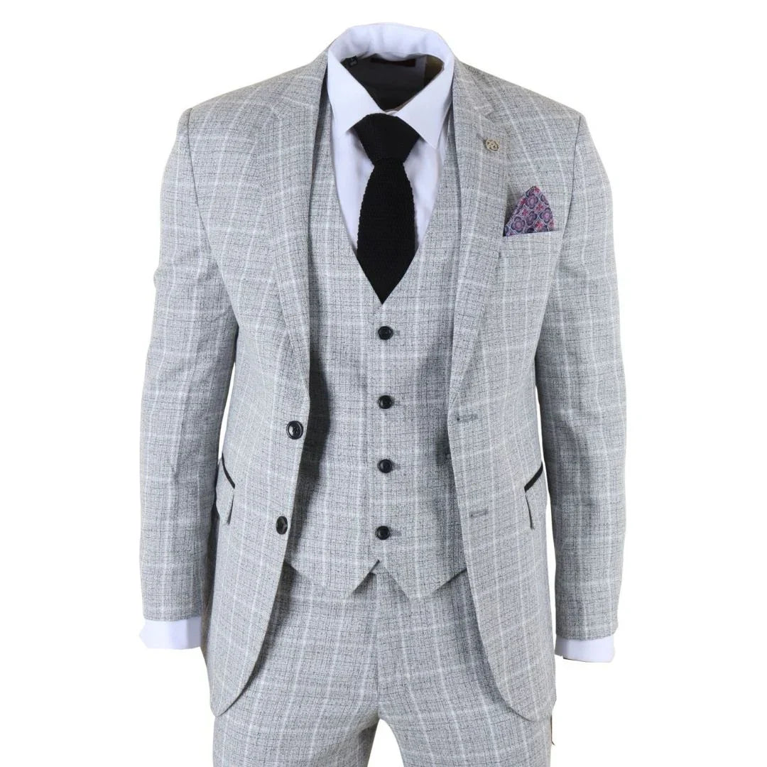 Men's Grey 3 Piece Tailored Fit Check Suit