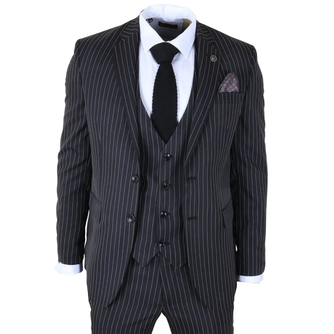 IM45 - Men's Pinstripe 3 Piece Black Suit Mafia Style