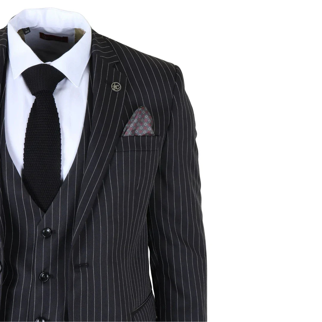 IM45 - Men's Pinstripe 3 Piece Black Suit Mafia Style