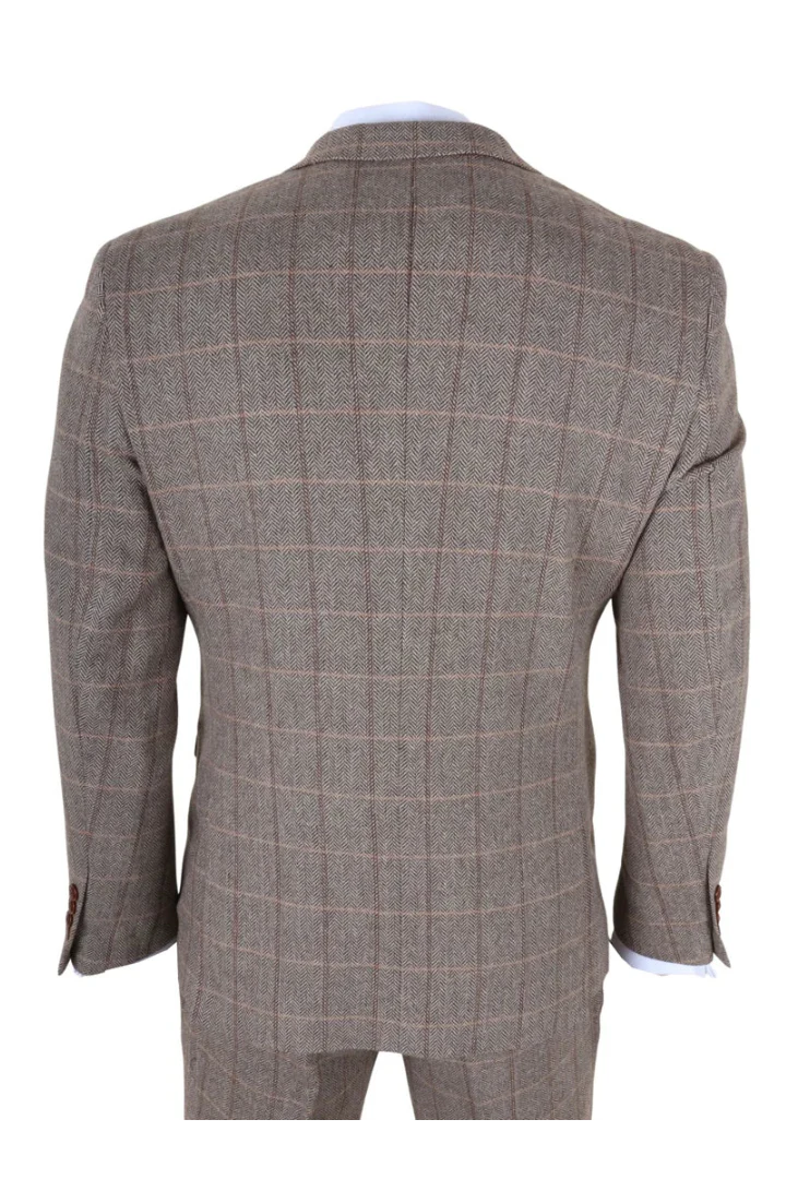 Harris - Men's Brown 3 Piece Herringbone Check Tweed Suit