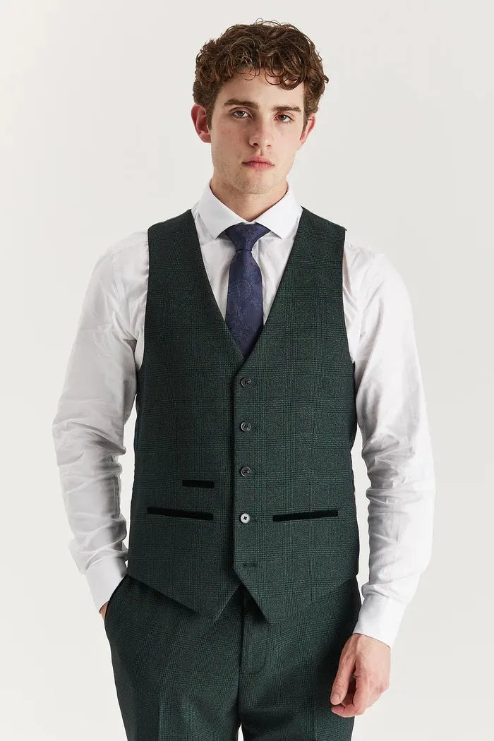 Regent - Men's Green 3 Piece Prince Of Wales Checked Suit