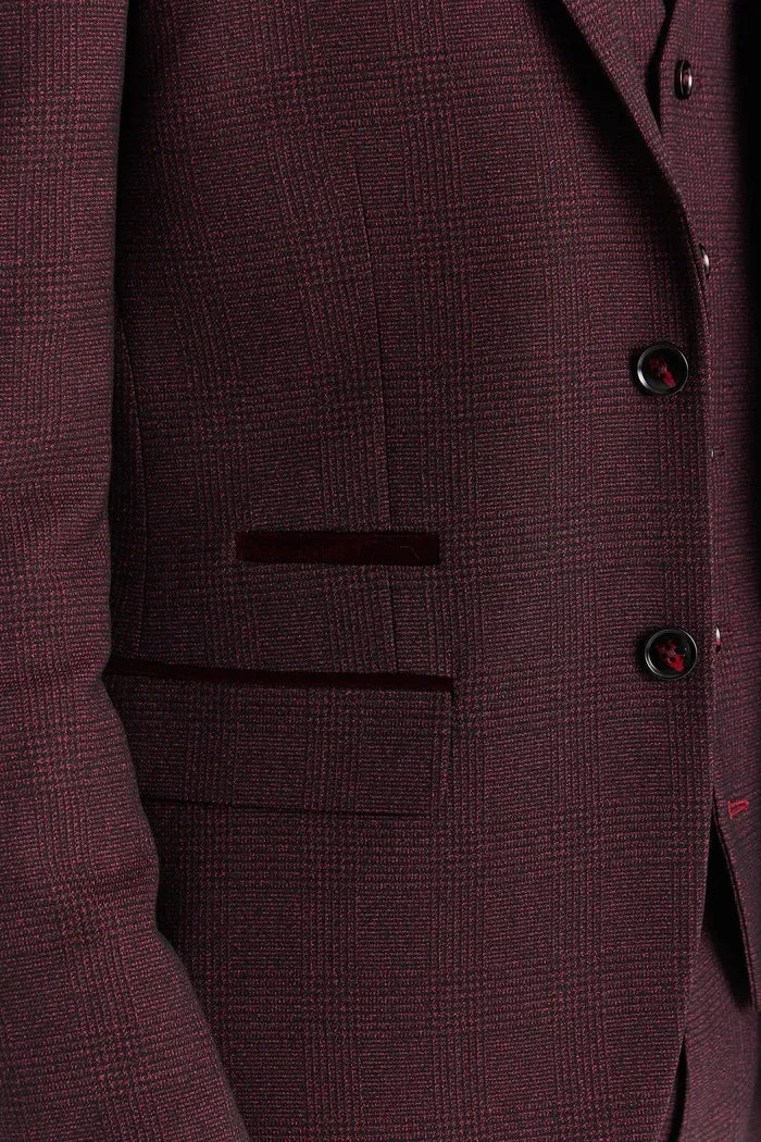 Regent - Men's Wine 3 Piece Prince Of Wales Checked Suit