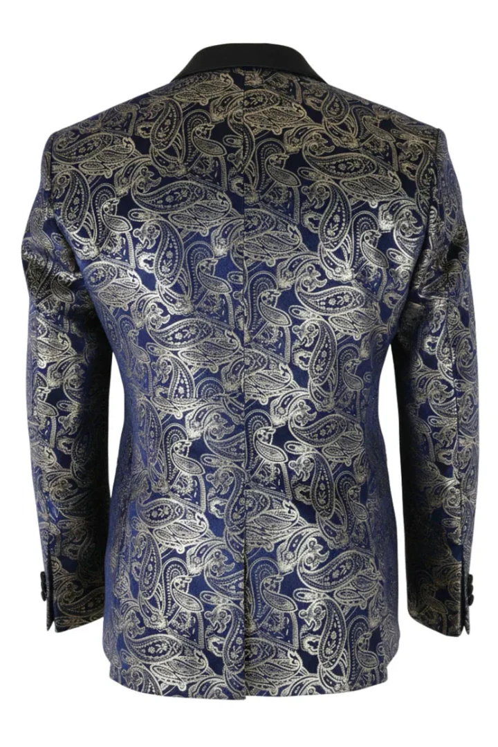 STZ63 - Mens Velvet Paisley Floral Blue Gold Tuxedo Blazer