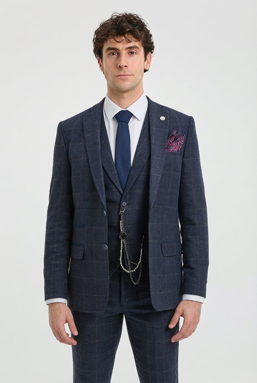 Men's 3 Piece Suit Wool Tweed Navy Blue Brown Check 1920s Gatsby