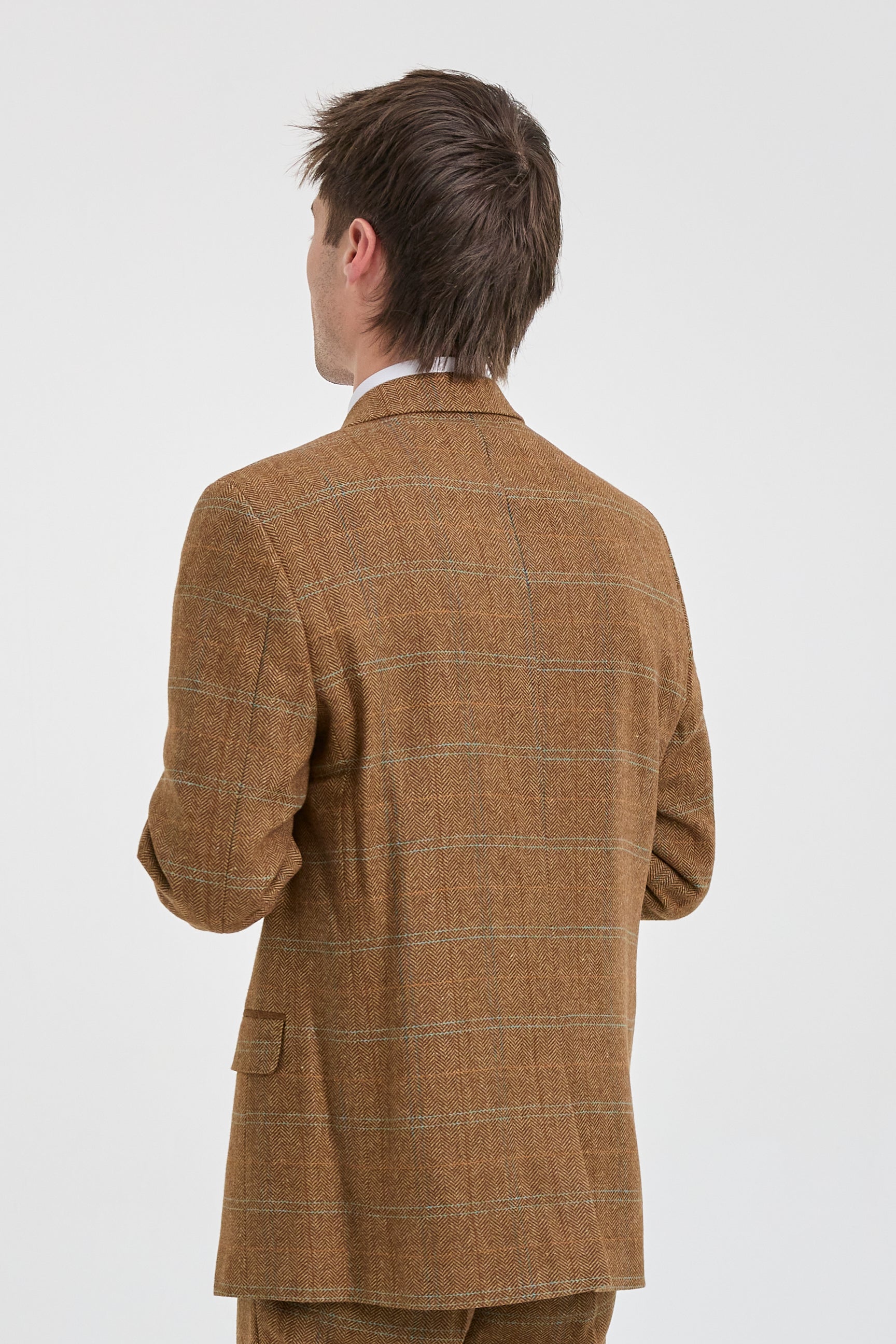 Men's 3 Piece Suit Wool Tweed Herringbone Tan Brown Blue Check 1920s Gatsby