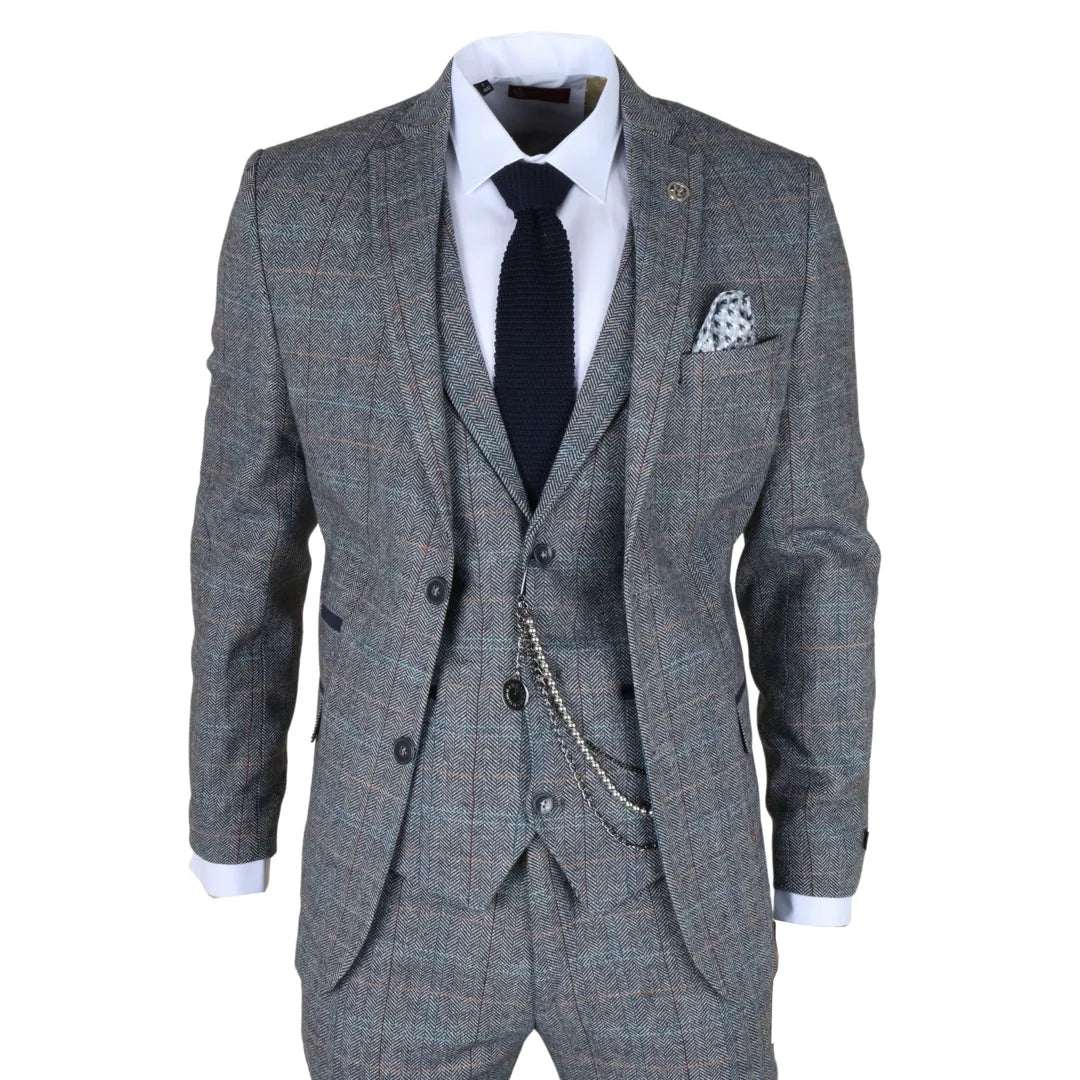 Men's 3 Piece Suit Wool Tweed Light Blue Grey Check