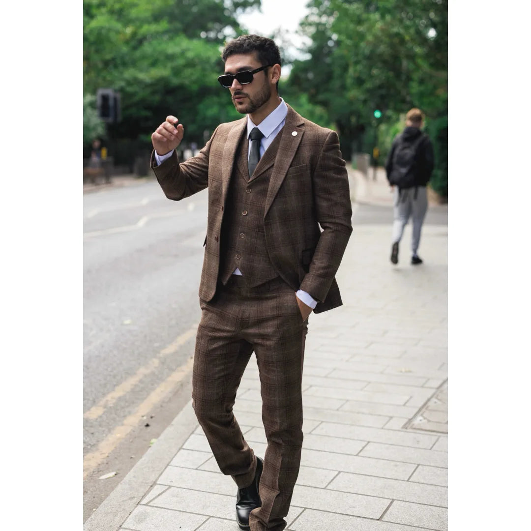Men's Brown Tweed Check 3 Piece Suit